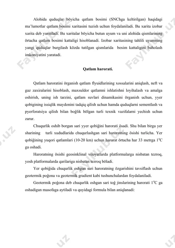 fodalanadi. haroratni mustahkamlangan yoki mustahkamlanmagan quduqda ōlchash mumkin. ōlchashdan avval quduq burĝulash yoki ishlatish natijasida unda buzilgan harorat rejimi tiklanishi uchun 20-25 kun maboynida yopiladi. lekin kōpincha harorat quduq tōxtatilgandan sōng 4-6 soat ōtib ōlchanadi. burĝulashda harorat odatda texnik sabablarga kōra tōxtatilgan quduqlarda aniqlanadi. nasosli qazib chiqarish quduqlarida harorat nasos quduqdan olinib ōlchanadi, bu ōlchovlar faqat ishlatilayotgan qatlam oraliĝi uchun ishonchli. quduqning boshqa oraliqlari bōyicha ishonchli ma’lumotlar olish uchun gilli eritma bilan tōldirish va uzoq yoki qisqa muddatga qoldirish zarur (20 kun). bu maqsad uchun harakatsiz yoki vaqtincha konsyervatsiyalangan qazib chiqarish quduqlaridan foydalaniladi. haroratni ōlchashda gaz hosil bōlishini va u bilan boĝliq holda tabiiy haroratning pasayishi mumkinligini hisobga olish zarur. foydalanilgan adabiyotlar: 1. e.a. bakirov, v.i. yermolkin, v.i. larin i dr. geologiya nefti i gaza uch. pos. nedra 1989. 2. v.g. kanalin, m.g. ovanesov, v.p. shugrin. neftegazopromislovaya geologiya i gidrogeologiya moskva. nedra 1985. 3. i.x. abrikosov, s.n. gutman. obshaya, neftyanaya …