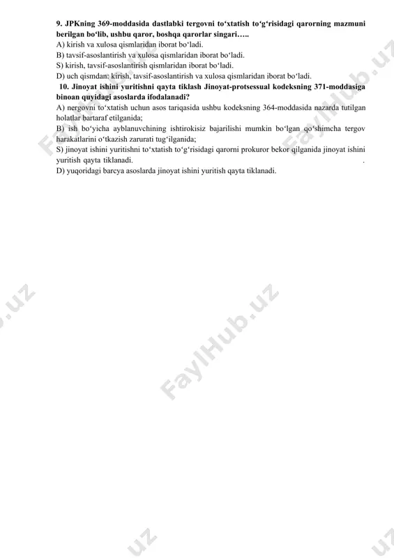 at oʻrtasida jinoyatchilarni ushlab berish boʻyicha davlatlararo shartnomaning boʻlmasligi b) sodir etilgan qilmish chet davlat qonunlariga koʻra jinoyatni istisno etishi s) xorijiy davlatda boshqaruvning izdan chiqishi va mamlakatda favqulodda vaziyat e’lon qilinishi, moliyaviy jihatdan (masalan, transport xarajatlari tufayli) xorijiy davlatdan ayblanuvchining olib kelinishi ta’minlash imkoniyatlari mavjud emasligi sabab boʻladi. d) ikki davlat oʻrtasida jinoyatchilarni ushlab berish boʻyicha davlatlararo shartnomaning boʻlmasligi, sodir etilgan qilmish chet davlat qonunlariga koʻra jinoyatni istisno etishi, xorijiy davlatda boshqaruvning izdan chiqishi va mamlakatda favqulodda vaziyat e’lon qilinishi, moliyaviy jihatdan (masalan, transport xarajatlari tufayli) xorijiy davlatdan ayblanuvchining olib kelinishi ta’minlash imkoniyatlari mavjud emasligi sabab boʻladi. 7. jpkning qaysi moddasi binoan sud-tibbiyot eksperti yoki psixiatr-ekspert ayblanuvchining kasalini jinoyat ishini yuritishda uning ishtirok etishini istisno etadigan ogʻir va davomli, lekin davolab boʻladigan kasallik deb topib, ish boʻyicha dastlabki tergov ayblanuvchi u sogʻaygunga qadar toʻxtatishini bildiradi? . a) 366-moddasi birinchi qismiga b) 367-moddasi birinchi qismiga s) 368-moddasi birinchi qismiga d) …