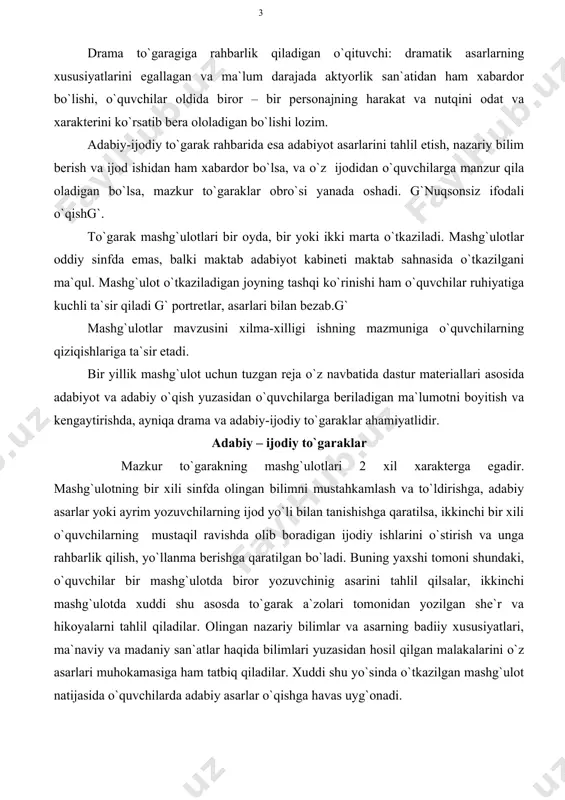 olari tomonidan yozilgan she`r va hikoyalarni tahlil qiladilar. olingan nazariy bilimlar va asarning badiiy xususiyatlari, ma`naviy va madaniy san`atlar haqida bilimlari yuzasidan hosil qilgan malakalarini o`z asarlari muhokamasiga ham tatbiq qiladilar. xuddi shu yo`sinda o`tkazilgan mashg`ulot natijasida o`quvchilarda adabiy asarlar o`qishga havas uyg`onadi. to`garakning vazifasi va maqsadi esa o`quvchilarning qiziqishini tarbiyalashdan ularga sistemali ravishda ko`rsatma berib borishdan iborat bo`lmog`i lozim. mustaqil ijodiy ishlar albatta nuksonli bo`ladi. bu ishda juda ehtiyot bo`lmoq kerak. rahbar to`garak a`zosini bezdirib qo`ymasligi, tahlil va tuzatish jarayonida bosiqlik bilan, ilmiy nuqtai nazardan yondoshmog`i lozim. ijodiy mustaqil ishlarni tahlilda kichik hajmli asarlarni ayniqsa she`rlarni doskaga yozish, va doskada tushuntirib berish lozimdir.umumiy muhokada to`garak a`zolari o`z fikrlarini aytadilar. o`qituvchi rahbarlgida shu ish nuqsonlarini tuzatib chiqish, kelgusida qanday yozish yo`llarini ko`rsatish, tahlil qilingan asarlarni gazeta va jurnallarda nashr qildirish yo`llari ko`rib chiqiladi. g` taqrizlar yozdir. g` tinglash va muhokama yakunlanadi, yutuq va kamchiliklarni tuzatish yo`llari ko`rsatib beriladi. drama to`garagi …