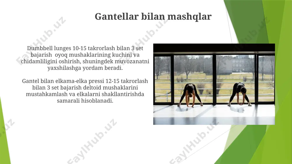 agi zo’rlarini aylantirish (har bir yo’nalishda 10-15 marta) mushaklarning moslashuvchanligini oshiradi va jarohatlarning oldini oladi. statik cho’zish mashqlari, masalan, qo’llarni yuqoriga ko’tarib, tanani yon tomonga egish (har bir tomonga 30 soniya ushlab turish), umurtqa pog’onasining harakatchanligini yaxshilaydi va orqa og’rig’ini kamaytiradi. rezinali lenta bilan mashqlar rezinali lenta yordamida 15-20 marta takrorlanadigan turli xil mashqlar, masalan, yelka, qo'l va orqa mushaklarini mustahkamlashga yordam beradi, bu esa umumiy jismoniy tayyorgarlikni yaxshilaydi. rezinali lenta bilan bajariladigan mashqlar, tana vaznini nazorat qilish va metabolizmni tezlashtirishga yordam beradi, har bir mashqni 3 ta setdan 10-12 takrorlash tavsiya etiladi. kuch mashqlari (jihozsiz) to'g'ri bajarilgan 20 ta skameyka bosish (plyometr) yoki devorga qarshi turib qilingan 30 sekundlik statik planka mashqlari sizning yadro mushaklaringizni mustahkamlaydi va umumiy jismoniy tayyorgarligingizni yaxshilaydi. jihozsiz kuch mashqlari, masalan, turli xil turdagi oturma va turish harakatlari, 10-15 takrorlashdan iborat 3 ta setni o'z ichiga olishi mumkin va bu mushaklarning kuchini va chidamliligini oshirishga …