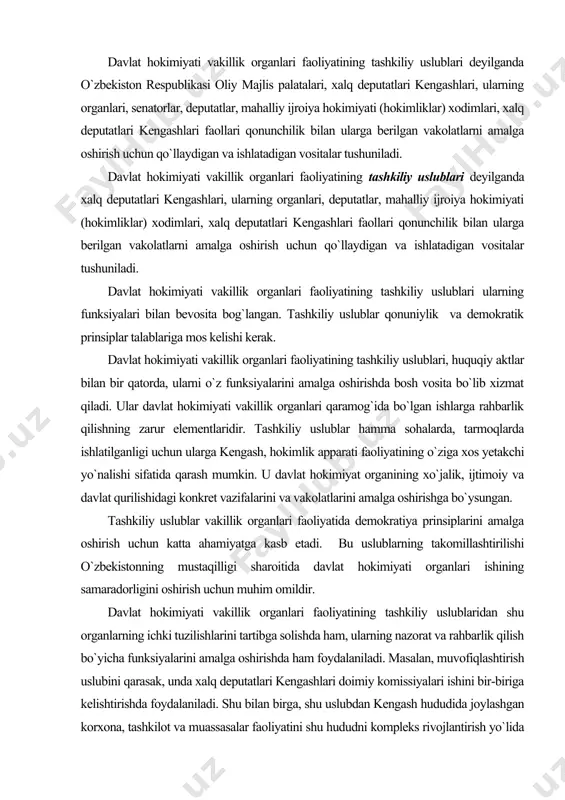 asb etadi. bu uslublarning takomillashtirilishi o`zbekistonning mustaqilligi sharoitida davlat hokimiyati organlari ishining samaradorligini oshirish uchun muhim omildir. davlat hokimiyati vakillik organlari faoliyatining tashkiliy uslublaridan shu organlarning ichki tuzilishlarini tartibga solishda ham, ularning nazorat va rahbarlik qilish bo`yicha funksiyalarini amalga oshirishda ham foydalaniladi. masalan, muvofiqlashtirish uslubini qarasak, unda xalq deputatlari kengashlari doimiy komissiyalari ishini bir-biriga kelishtirishda foydalaniladi. shu bilan birga, shu uslubdan kengash hududida joylashgan korxona, tashkilot va muassasalar faoliyatini shu hududni kompleks rivojlantirish yo`lida birlashtirish uchun ham foydalaniladi. davlat hokimiyati vakillik organlari faoliyatining tashkiliy uslublari shu organlar to`g`risidagi normativ aktlar, ish tartiblari va nizomlar bilan tartibga solinadi. masalan, xalq deputatlari kengashlari faoliyatini tashkiliy rejalarning ayrim bosqichlari, kengashlar va hokimlar qabul qilgan qarorlarning ijrosini tekshirishdir. davlat hokimiyati vakillik organlari faoliyatining tashkiliy uslublari asosiy va yordamchi uslublarga ajratiladi. bu kengashlar va hokimlar vakolatlarini amalga oshirishda tutgan roli va ahamiyatiga qarab bo`linadi. asosiy uslublarga rejalashtirish, muvofiqlashtirish, qarorlarni tayyorlash, ijroni tashkil etish va uni …