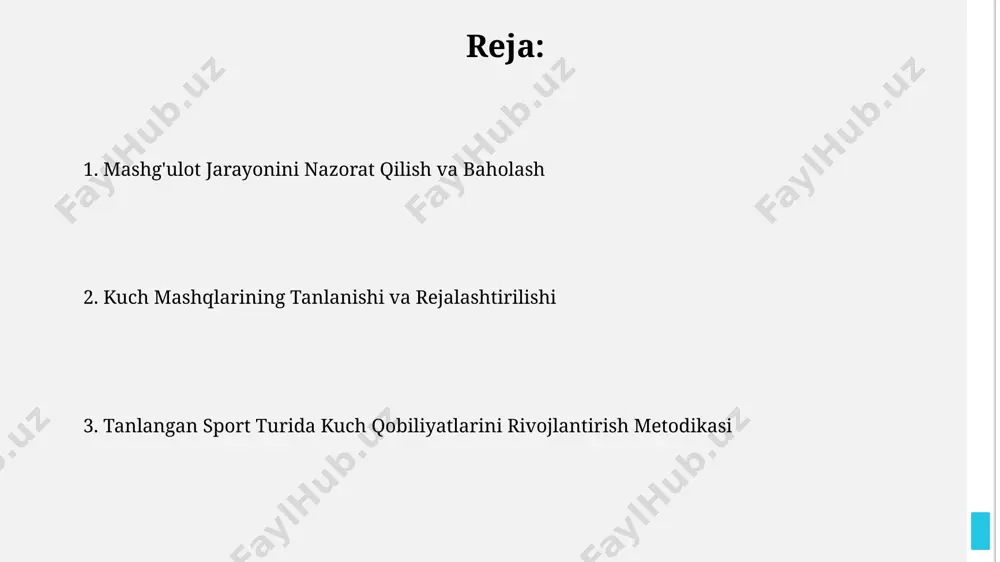 tiklash va dam olish aktiv qayta tiklash usullari, masalan, yengil yugurish yoki choʻzish mashqlari, qon aylanishini yaxshilaydi va mushak ogʻrigʻini kamaytiradi, tiklanish vaqtini 15% ga qisqartirishi mumkin. yaxshi uyqu (7-9 soat) va toʻgʻri ovqatlanish (yetarli miqdorda oqsil va uglevodlar) qayta tiklanish tezligini 30% ga oshirishi mumkin, bu esa sport natijalariga ijobiy ta’sir qiladi. kuch mashqlari dasturini tuzish har bir mashq uchun 3 ta to'plamdan 8-12 takrorlashni bajarish, progressiv ortiqcha yuklama tamoyiliga rioya qilish va 1:2 nisbatda ish va dam olish vaqtlarini taqsimlash tavsiya etiladi. kuch ko'rsatkichlarini baholash uchun 1rm (maksimal bir martalik takrorlash) sinovlari o'tkazish, progressiv ortiqcha yuklamani kuzatish va natijalarni yozib borish orqali dasturning samaradorligini kuzatish zarur. mashqlarning turini va intensivligini tanlash mashq intensivligini individual salohiyatga moslashtirish muhim: boshlang'ich darajada 60-70%, o'rta darajada 70-80%, yuqori darajada esa 80-90% maksimal kuchdan foydalanish mumkin. takrorlashlar soni va seriyali mashqlarning maqsadlari bilan bog'liq: kuch uchun 1-5 takrorlash, kuch-chidamlilik uchun 6-12 takrorlash, chidamlilik …
