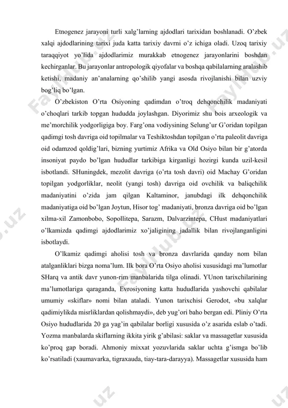 noma’lum. ilk bora o’rta osiyo aholisi xususidagi ma’lumotlar sharq va antik davr yunon-rim manbalarida tilga olinadi. yunon tarixchilarining ma’lumotlariga qaraganda, evrosiyoning katta hududlarida yashovchi qabilalar umumiy «skiflar» nomi bilan ataladi. yunon tarixchisi gerodot, «bu xalqlar qadimiylikda misrliklardan qolishmaydi», deb yug’ori baho bergan edi. pliniy o’rta osiyo hududlarida 20 ga yag’in qabilalar borligi xususida o’z asarida eslab o’tadi. yozma manbalarda skiflarning ikkita yirik g’abilasi: saklar va massagetlar xususida ko’proq gap boradi. ahmoniy mixxat yozuvlarida saklar uchta g’ismga bo’lib ko’rsatiladi (xaumavarka, tigraxauda, tiay-tara-darayya). massagetlar xususida ham turlicha fikrlar mavjud bo’lib, ular ko’chmanchi chorvador-harbiy qabilalar bo’lganligi ta’kidlanadi. ilk temir davridan boshlab (mil. avv. ix-vii asrlar) qadimgi dehqonchilik vohalarida yashovchi o’troq aholi o’zlari joylashgan hudud nomlari bilan atala boshlaganlar. bular so’g’diyonadagi-so’g’diylar, qadimgi xorazmdagi-xorazmiylar, qadimgi baqtriyadagi-baqtriylar, qadimgi chochdagi-chochliklar, farg’onadagi-parkanaliklar shular jumlasidandir. bu tarixiy nomlarning ko’plarini biz ilk yozma manbalarda, xususan zardo’shtiylik dinining muqaddas kitobi «avesto»da, ahmoniy hukmdorlarning mixxat asarlarida uchratamiz. shuningdek, qozog’iston hududlarida yashagan chorvador …