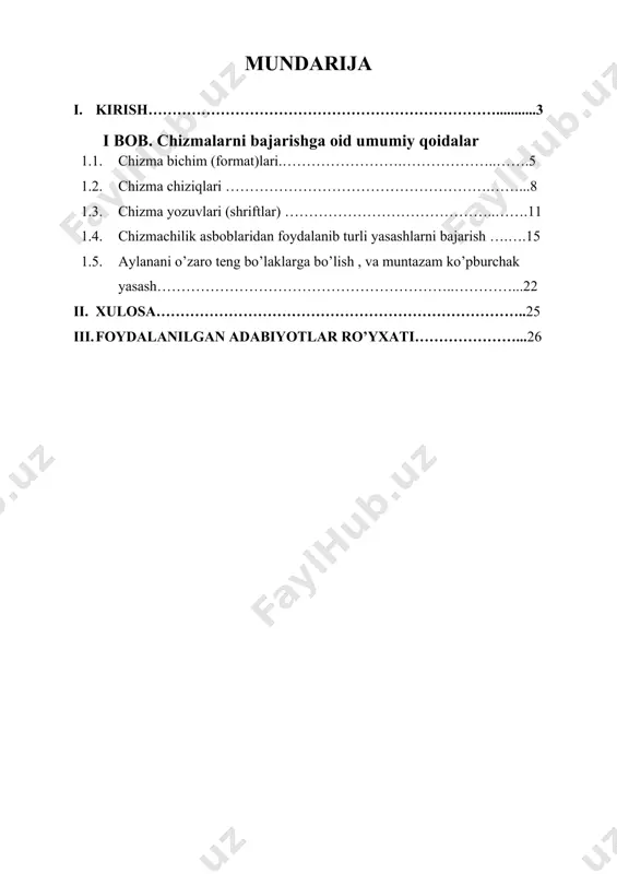 sozlik, texnikada yoki bo’lmasa kundalik hayotda ishlatadigan barcha buyumlarimiz chizmalar asosida yaraladi. jahonda ishlab chiqariladigan barcha texnika va mashina faqat chizmalar asosida yaraladi.chizma bu muxandisning g’oya va fikrlarini ifodalovchi hujjat hisoblanadi. chizma chizish murakkab jarayon hisoblanadi, chizuvchidan sabr toqat va qunt bilan ishlashni talab qiladi. chizmaning sifati chizuvchining qo‘l sezgisiga bog‘liq bo‘!adi. chizmalarni toza va chiroyli qilib chizishda, asosan, qo‘l sezgisi kata ahamiyatga ega. chiziladigan bir hil turdagi chiziqlar bir hil yo‘g‘onlikda, bir tekis qilib chizilishi lozim. insonda qo'i sezgisi yaxshi rivojlangan bo‘lsa, qo’liga olgan qalamni qog‘oz ustida mahorat bilan yurgiza oladi. insonning qo‘l sezgisini tekshirish uchun qalam uchi ingichka qilib chiqariladi (uchlanadi) va chizg'ich yordamida bir nechta chiziq chizish mashq qilinadi. shunda chizilgan chiziqlarning ko'pchiligi bir xil chiqsa, uning qo‘l sezgisi yaxshi rivojlangan hisoblanadi. ba'zi odamlarning qo‘l sezgisi nisbatan rivojlanmagan bo‘ladi. ular qalamning uchi ingichka yoki yo‘g ‘onroq uchlangandan qat'iy nazar, qalamni bir xilda bosib chizishadi. shunda ingichka uchli …