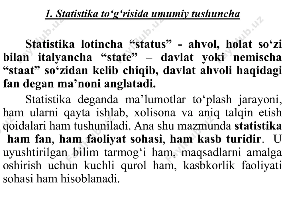 a angliyada «siyosiy arifmetika» degan fan vujudga keldi. uning asoschilari ingliz olimlari u. petti (1623-1687) va jon graunt (1620-1674) bо‘lganlar. u. pettini о‘z vaqtida siyosiy iqtisodning «otasi» va ma’lum darajada statistikaning ixtirochisidir, deb atashgan. uilyam petti (1623-1687) jon graunt (1620-1674) 6 yevropada statistikaning asoschisi bо‘lib belgiyalik olim a.ketle (1796-1874) hisoblangan. o‘sha davrda germaniyada g. axenval (1719-1772) birinchi marta «statistika» sо‘zini qо‘llagan. angliyada esa a. bouli (1869-1957) statistikaning taraqqiy etishiga asos solgan. adolf ketle (1796-1874) german konring (1606-1681) gotfrid axenval (1719-1772) artur bouli (1869-1957) 7 ilmiy amaliyotga statistika so`zini 1746 yilda nemis olimi gotfrid axenvall kiritgan. u germaniya universitetlarida o`qitiladigan “davlatshunoslik” o`quv kursini “statistika”ga almashtirishni taklif qilgan. gottfried achenwall 1719—1772 nemis faylasufi, tarixchi, iqtisodchi, huquqshunos, pedagog olim 8 statistikaning ilmiy maktablari nemis tasvirlash maktabi (german konring, gotfrid axenvall, avgust lyudvig shlentser): davlatning diqqatga sazovor jihatlarini qonuniyatlar va hodisalar o`rtasidagi o'zaro bog'liqlikni ochmasdan, tasvirlab berishga intilganlar. bular: hudud, aholi, iqlim, siyosiy tuzum, …