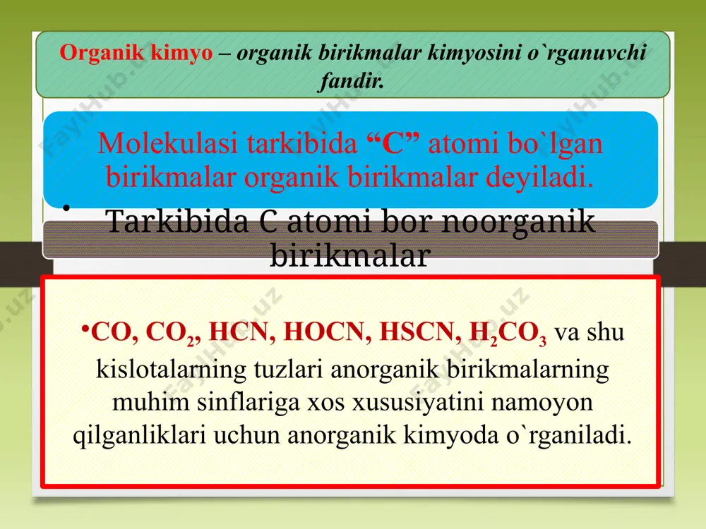 qilishi aniqlanadi. (f. kekule va a. kuper, 1858). rus olimi a. m. butlerov. izomeriya hodisasining mohiyatini birinchi bo'lib tushuntirib berdi (1864-yil) izobutilenni sintez qildi va uning polimerlanish reaksiyasini amalga oshirdi (1867-yil), bu bilan yuqori molekular birikmalar sinteziga asos soldi. 1861-yilda butlerov o`zining “tuzilish nazariyasini” taklif qildi va 5 qoidani kiritdi. tuzi lish naza riyasi 1. molekulada atomlar tartibsiz joylashgan emas balki ular bir – biri bilan o`z valentliklarga muvofiq xolda birikadi 4. modda molekulasidagi atomlar va atomlar gruppasi o`zaro bir – biriga ta`sir etib turadi. 5. kimyoviy reaksiyalarda modda molekulasini tashkil etgan barcha atomlargina emas balki ayrim atomlar yoki atomlar gruppasi ham ishtirok etadi. 2. moddaning xossalari uning molekulasi tarkibida qanday atomlar va qancha miqdorda bo`lishigagina emas balki ularning kimyoviy tuzilishiga ham bog`liq bo`ladi. kimyoviy tuzilishning bu qoidasi. izomeriya hodisasini tushuntirib beradi. 3. berilgan moddaning xossasini o`rganish natijasida uning kimyoviy tuzilishini, kimyoviy tuzilishini bilgan xolda uning xossalarini aytib berish mumkin …