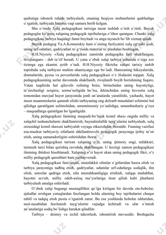 uksak qadr-qimmatga ega asarlarni kiritishimiz mumkin. xalqimiz tomonidan yaratilgan qadriyatlar va urf-odatlar hamda xalq og‘zaki ijodi namunalari bevosita xalqimiz ruhiyati asosida shakllangan bo‘lib, ular ma'naviy barkamol insonni tarbiyalashda eng muhim ahamiyatga egadir. ushbu qadriyatlar o‘z navbatida yuqorida sanab o‘tilgan buyuk mutafakkirlarimizni ham tarbiyalab voyaga yetkazgandir. shunday ekan biz buyuk xalqimiz tomonidan yaratilgan milliy qadriyatlarimiz bilan har qancha faxrlansak arziydi. bizning burchimiz bunday qadriyatlarni asrab-avaylash va ularni izchil ravishda takomillashtirib borishdir. ma'lumki, xalqimizning salkam ming yillik tarixi islom dini bilan chambarchas bog‘langandir. shuning uchun xalqimiz tomonidan yaratilgan milliy qadriyatlarning aksariyati ham va mutafakkirlarimiz tomonidan yaratilgan ma'naviyat sarchashmalari ham aynan ana shu din asosida shakllanib, rivoj topib kelgan. shunday ekan, biz bu dinning urf-odatlariga oqilona yondashib, ularni to‘g‘ri anglab olishga harakat qilishimiz kerak. chunki, islom dini yuksak tarbiyaviy ahamiyatga ega bo‘lib, doimo millatlar o‘rtasidagi tinchlik-totuvlikni va insoniyatga nisbatan qilinadigan har qanday zo‘ravonlikka qarshi g‘oyalarni targ‘ib etib kelgan. har bir ijtimoiy tuzum kelajagi …