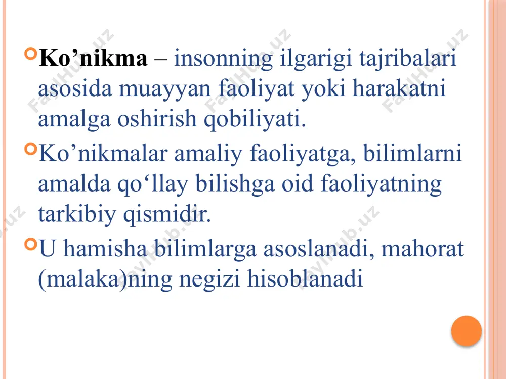 uzatib borishlarida ishtirok etishlari lozim. agar ota-onalar orasida fotosuratchilar, chizuvchilar, rassomlar bor bo’lsa, ular maktabgacha tarbiya muassasalariga bevosita yordam berishlari kerak. 5. ota-onalar uchun kechalar va to’garaklar uyushtirish. maktabgacha tarbiya muassasalarida ota-onalar va boshqa oila azolari uchun o’tkaziladigan kechalar mavzuli xarakterga ega bo’lib, «bola loy ota-ona kulol», «bola aziz, odobi undan aziz» kabi mavzularni tanlash mumkin. 6. ochiq eshiklar kuni. ochiq eshiklar kuni jamoaning o’z kalendar yillik rejasi bo’yicha xar bir yoshdagi guruhning ma’lum rejimi buyicha odatdagi mehnat kunidir. bunday kunlarni yilida 1-2 marta o’tkazish mumkin. 3-asosiy savolning bayoni: o‘sib kelayotgan yosh avlodni barkamol etib tarbiyalash xalqimizning azaliy orzusi bo‘lib, farzandlarni ma’naviy-axloqiy, milliy madaniy, tarixiy an’analariga hamda umumbashariy qadriyatlarga asoslanib, zamonaviy shaxsni shakllantirish ota-onalar, maktab, mahallalarning oldida turgan eng asosiy ma’suliyatli vazifalardan sanaladi. farzand tarbiyasi ko‘p omillar, avvalo, oiladagi axloqiy-ma’naviy muhitga bog‘liq. ta’lim-tarbiya muassasalari bilan oila hamkorligi bunda muhim ahamiyat kasb etadi. oila, mahalla, maktab va mtm hamkorligining asosiy omili …