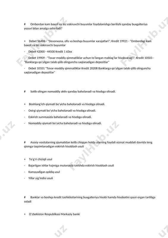 hisobvaraqlari kredit 31206 - "sof foyda (zarar)". - debet 10101 kredit 2020 - debet 10101 kredit 20218 # qurilish, asosiy vositalarni yangilash, qaytadan tiklash va zamonaviylashtirish bilan bog’liq bo’lgan barcha xarajatlar hisobi "tugallanmagan qurilish" hisobvarag’ida olib boriladi: + debet 16505 - "tugallanmagan qurilishlar"; kredit 19909 - "tovar-moddiy qiymatliklar va ko’rsatilgan xizmatlar uchun to’langan mablag’lar hisobvarag’i". - debet 16561 - "ombordagi asosiy vositalar" yoki 165xx- asosiy vositalarning tegishli hisobvarag’i; kredit 30905 - "tekinga olingan mulk". - debet daromad hisobvaraqlari kredit 31206 - "sof foyda (zarar)". - debet 10101 kredit 20208 # bank kunlik buxgalteriya balansi nechta bo’limdan tashkil topadi? + 6 - 3 - 4 - 5 # asosiy vositalarni qayta baholash uchun qaysi usullar qo’llaniladi: + indeks usuli va to’g’ridan-to’g’ri qayta baholash usuli - chiziqli usul - to’g’ridan-to’g’ri qayta baholash usuli - to’g’ri chiziqli baholash usuli # 31203 – hisobvarag’ining nomi nima? + taqsimlanmagan foyda - joriy yil sof foydasi …