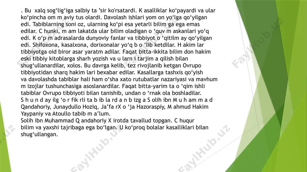 berdi. tibbiy o ‘quv yurtlarimiz chet ellardagi ilg'or tibbiy o ‘quv m arkazlari bilan to ‘g ‘rid an -to ‘g ‘ri bog‘lanish va tajriba alm ashish im koniyatiga ega b o ‘ldilar. prezidentimiz shavkat mirziyoyev o’zining saylov oldi dasturida shuni aytib o’tdiki:tibbiyot sohasiga mablag’larni 2 barobarga oshirish sohada sector ulushini 25 foizga yetkazish ,reproduktiv yoshdagi va xomilador ayollar hamda bolalar uchun yuqori texnologik tibbiy yordam ko’rsatish tizimini takomillashtirish kerakligini aytib o’tdi – endi vazirlik faoliyatiga, uning kadrlar masalasiga hech kim aralashmaydi. bosh shifokorlar, vrach yoki boshqa tibbiyot xodimlari ularga tegishli bo‘lmagan birorta qo‘shimcha ishlarga jalb qilinmaydi, – dedi shavkat mirziyoyev. e’tiboringiz uchun rahmat image1.png image2.png image3.png image4.png image5.png image6.png image7.png image8.png /docprops/thumbnail.jpeg