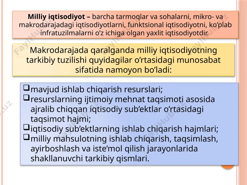 da aholi jon boshiga hisoblangan yaim qo‘llaniladi. aholi jon boshiga to‘g‘ri keladigan yaim (yamm) — yaim (yamm) qiymatini mamlakat aholisi soniga bo‘lib topiladi. aholi jon boshiga to‘g‘ri keladigan yaim mamlakatdagi odamlarning turmush farovonligini ifodalovchi asosiy ko‘rsatkichlardan biridir. aqsh, yaponiya kabi davlatlarda mamlakatning rivojlanish darajasini ifodalovchi asosiy mikroiqtisodiy ko‘ratkich qilib yaim emas, balki yamm qabul qilingan. lekin birlashgan millatlar tashkilotining tavsiyasi bo‘yicha mamlakat rivojlanish darajasini aniqlash uchun yaim asosiy ko‘rsatkich sifatida ishlatiladi. joriy bozor narxlarida hisoblangan milliy mahsulot nominal milliy mahsulot, o’zgarmas, qiyosiy narxlarda hisoblangan milliy mahsulot esa real milliy mahsulot deb yuritiladi. narx indeksi joriy yildagi ma’lum guruh tovarlar va xizmatlar to’plami narxlari summasini xuddi shunday tovarlar va xizmatlar miqdorining bazis davrdagi narxlari summasiga taqqoslash orqali hisoblanadi. image2.png image3.png image4.png image5.jpeg image6.jpeg image7.png image8.jpeg image9.png image10.png image11.wmf oleobject1.bin larinarxi molto iste yildagi bazis narxi lari to mol e yildagiist joriy i narxindeks var ' var ' = /docprops/thumbnail.jpeg