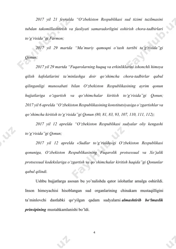 ‘lishning eng yuqori yoshi 70 yoshni, boshqa sudlarning sudyalari uchun 65 yoshni tashkil etadi. ushbu kiritilgan normalar sudyalar mustaqilligini kafolotlash, mamlakatimizda professional sudyalar korpusini shakllantirish, sud tizimini yetuk va malakali, odil sudlov sohasida katta tajribaga ega bo‘lgan, qo‘li va dili toza sudyalar bilan to‘ldirishga imkon beradi. shu bilan bir qatorda, sud hokimiyatining boshqa hokimiyat organlari ta’siridan xalos bo‘lishiga xizmat qiladi. sud hokimiyatining chinakam mustaqilligini ta’minlashda o‘zbekiston respublikasi sudyalar oliy kengashining roli ham katta ahamiyatga ega bo‘lishi nazarda tutilmoqda. oliy sudlov standartlariga doir o‘z tavsiyalari bilan mashhur venetsiya komissiyasi sudyalarni tayinlaydigan organ ijro etuvchi va qonun chiqaruvchi hokimiyatdan mustaqil bo‘lishi zarurligini e’tirof etadi. shu maqsadda, hokimiyatlar o‘rtasidagi muvozanatni ta’minlash, siyosiy qarashlardan xoli va boshqa tashqi ta’sirlardan himoyalangan organ sifatida sudyalar oliy kengashi shakllantirildi. kengash jami yigirma bir nafar kishidan iborat tarkibda: sudyalar; huquqni muhofaza qiluvchi organlar; fuqarolik jamiyati institutlari vakillari; huquq sohasidagi yuqori malakali mutaxassislar orasidan shakllantirilishi lozimligi mustahkamlandi. o‘zbekiston respublikasi …