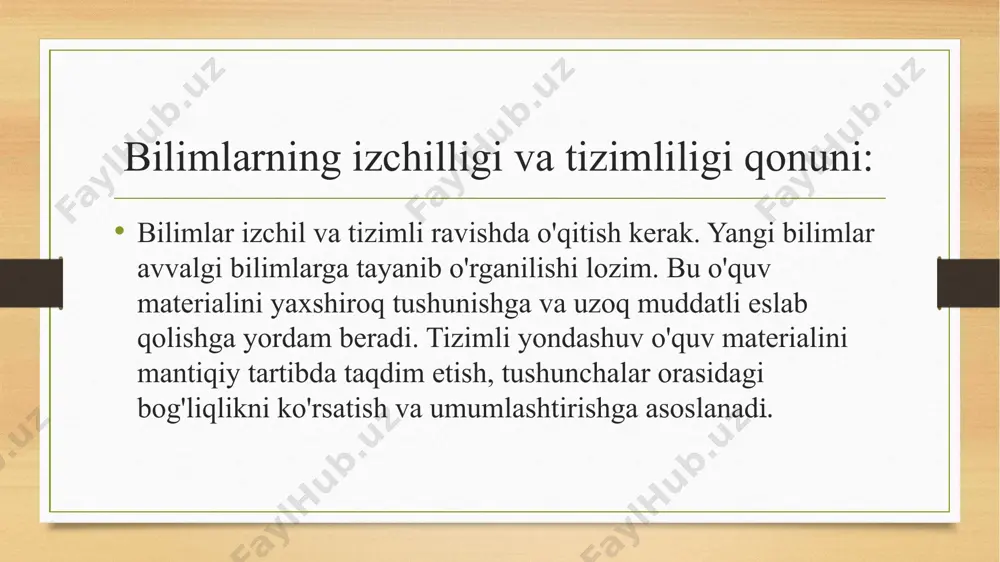 hi kerak. bu ularning o'z imkoniyatlariga mos ravishda rivojlanishiga yordam beradi. qonuniyatlar va tamoyillar o'rtasidagi bog'liqlik: ta'lim qonuniyatlari va tamoyillari o'zaro chambarchas bog'liqdir. qonuniyatlar obektiv ravishda mavjud bo'lgan munosabatlarni aks ettirsa, tamoyillar bu qonuniyatlarni hisobga olgan holda ta'lim jarayonini tashkil etish va boshqarish bo'yicha tavsiyalarni beradi. masalan, o'rganishning faolligi qonuni faollik tamoyilining asosini tashkil qiladi. shaxsiy yondashuv qonuni esa shaxsiy yondashuv tamoyilini belgilaydi. ta'lim qonuniyatlari va tamoyillarining amaliy ahamiyati: ta'lim qonuniyatlari va tamoyillarini bilish va hisobga olish ta'lim jarayonining samaradorligini oshirishga yordam beradi. bu o'quvchilarning bilim olish jarayoniga bo'lgan munosabatini yaxshilashga, ularning faolligini oshirishga va uzoq muddatli bilim olishga imkon beradi. shuningdek, bu o'qituvchilarga o'quv jarayonini samarali rejalashtirish, o'quv materiallarini tanlash va o'quv usullarini qo'llashga yordam beradi. xulosa. ta'limning qonuniyatlari va tamoyillari ta'lim jarayonining muhim tarkibiy qismlaridir. ularni chuqur tushunish va amaliyotda qo'llash ta'limning samaradorligini oshirish, o'quvchilarning bilim olishga bo'lgan munosabatini yaxshilash va ularning shaxsiy rivojlanishiga hissa qo'shishga yordam beradi. …