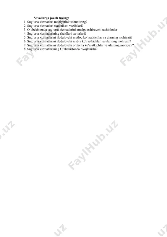 foizda ifodalansa 100 ga ko‘paytiriladi (d): 2. sug‘urta to‘lovlari to‘lash bo‘lgan holatlar soni (dc) – bu ko‘rsatkich har bir 100 sug‘urta qilingan ob’ektga qancha sug‘urta to‘lovlari to‘lash zarur bo‘lgan holatlar bo‘lishini bildiradi va sug‘urta to‘lovlari bo‘lgan holatlar sonini (n) sug‘urtalangan ob’ektlar soniga (n) bo‘lib, 100 ga ko‘paytiramiz: 3. sug‘urta to‘lovlarining darajasi (kct) – bu ko‘rsatkich sug‘urtalanuvchilarga sug‘urta tashkiloti tomonidan to‘langan summani (w), sug‘urtalanuvchilardan olingan sug‘urta badali summasiga (v) bo‘lib topiladi: bu ko‘rsatkich birdan kichik bo‘lsa, (.kct <1), sug‘urta tashkiloti uchun ijobiy hisoblanadi. v). o‘rtacha miqdorlarda ifodalanuvchi ko‘rsatkichlar: 1. sug‘urtalangan mulkning o‘rtacha qiymati – sug‘urtalangan mulklar qiymatlarining yig‘indisini sm sug‘urtalangan ob’ektlar soniga (nm) bo‘lib topiladi: 2. sug‘urta badallarining o‘rtacha summasi v - bu ko‘rsatkich sug‘urtalanuvchilardan olingan sug‘urta badallari summasi yig‘indisini v, sug‘urtalangan ob’ektlar (tuzilgan shartnomalar) soniga (n) bo‘lib topiladi: 3. sug‘urta bo‘yicha qoplamalarning (to‘langan summalarning) o‘rtacha summasi w - bu ko‘rsatkich sug‘urtalanuvchiga sug‘urta holatlari bo‘yicha to‘langan summalarning umumiy summasini w, sug‘urta …
