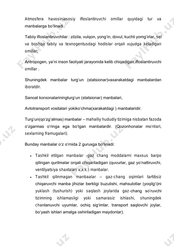 i, mahsulotlar (yoqilg‘i)ni yuklash (tushurish) yoki saqlash joylarida gaz-chang so‘ruvchi tizimning ishlamasligi yoki samarasiz ishlashi, shuningdek chanlanuvchi uyumlar, ochiq sig‘imlar, transport saqlovchi joylar, bo‘yash ishlari amalga oshiriladigan maydonlar). atmosfera havosiga sanoat korxonalaritomonidanchiqarilayotgan tashlamalar kuyidagi usul va moslamalarorqali tozalanadi:  quruq tozalash (siklonlar bilan);  suvli tozalash (skrubberlar);  filtrlab tozalash (rukavnoy filtr);  elektr tozalash — elektromagnit maydonlari hosil qilish  kimyoviy tozalash — kimyoviy moddalar va ularning reaksiya-  termik va termokatalik — gazsimonmoddalarnikatalik reak-  torlarda yoqish yo‘li bilan;  boshqa turdagi apparatlar orqali. orqali; lari orqali; asosiy ifloslantiruvchi moddalar esa — qattiq (chang), gazsimon va suyuq moddalar (oltingurgut, uglerod, va azot oksidlari, uglevodorodlar ). mazkur ifloslantiruvchi moddalarningchiqarilishi nazorat qilishda ruxsat etilgan chegaraviy ulush ( rechu- pdv)ni inobatga olgan holda u yoki bukorxonaning faoliyatiga baho beriladi. ruxsat etilgan chegaraviy ulush (rechu) bu-zararli modda-larningatrof- tabiiy muhitdagi shunday ulushiki,kishilar doimiy yoki ma’lum vaqt oralig‘ida uning ta’sirida bo‘lganlarida, ularning sog‘lig‘iga zarar …