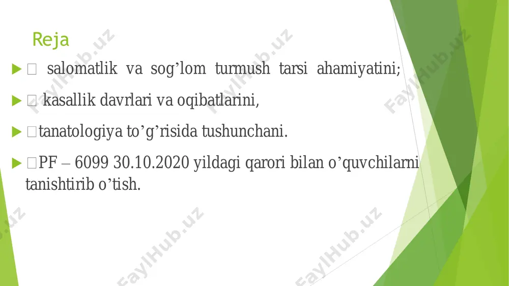 rcha pog'onalarda, jumladan hujayraviy, anatomik va yaxlit a'zo darajasida me'yor koʻrsatkichlarida faoliyat koʻrsatishi. inson sog'lom hayot kechirishi va koʻpayishi uchun zarur boʻlgan fiziologik va biokimyoviy jarayonlarni normal kechishi;  2. organizm va uning funtsional holatini tashqi omillar bilan dinamik va statik (gomeostaz) muvozanatda bo'lishi;  3. ijtimoiy faoliyatlarda qatnashish va uni to'laqonli bajarish, jamiyat uchun foydali bo'lgan mehnat bilan shug'ullanish;  4. insonni muntazam oʻzgarib turuvchi tashqi omillarga moslashishi;  5. kasalliklar, xastalik holati yoki ular bilan bog'liq boʻlgan oʻzgarishlarni yo'qligi;  6. toʻliq jismoniy, ruhiy, aqliy va ijtimoiy barqarorlik. organizmning barcha a'zolarini muntazam faoliyat koʻrsatishi va rivojlanishi hamda oʻz-oʻzini boshqarishi.  etiologiya deganda, kasallikning paydo bo‘lish omillari tushuniladi. bu sabablar tashqi va ichki bo‘lishi mumkin. tashqi omillar: mexanik (yaralanish, har xil jarohatlanish va boshqalar), fizik (organizmga elektr toki, yuqori va past harorat, yorug‘lik ta’siri), kimyoviy (zaharli moddalar, oziq- ovqat mahsulotlari orqali va boshqalar), biologik (organizmga kirgan zambrug‘lar va mikroblar), …