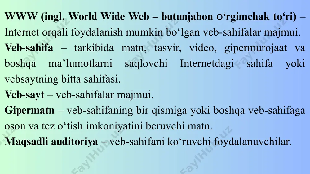 er text transfer protocol – gipermatnli uzatish protokoli) – ma’lumotlarni uzatish protokoli. u dastlab ma’lumotlarni html formatidagi gipermatnli hujjatlar shaklida uzatgan, hozirda ma’lumotlarni ixtiyoriy tarzda uzatish imkonini beradi. html (ing. hypertext markup language - gipermatnli belgilash tili) - internet tarmog’idagi hujjatlar uchun standartlashtirilgan belgilash tili. hujjat kodi – veb-sahifani yaratish uchun yozilgan html-kod. veb-sayt – axborotlarni biror mavzu doirasida jamlagan hamda gipermurojaatlar orqali bog‘langan veb-sahifalar majmui. veb-sahifalar majmui veb-sayt manzili nomi bilan serverda saqlanadi. veb-saytlar, odatda, ikkita asosiy qismdan tashkil topadi: 1) front-end qismi – saytning hammaga ko‘rinib turgan old tomon ko‘rinishi, brauzer orqali ko‘rish mumkin bo‘lgan sahifa dizayni (sahifa o‘lchami, rasmlar, audiolar, videolar joylashuvi va h. k.). unda: – sahifaning grafk dizayni asosida moslashuvchan sayt maketini ishlab chiqish; – html, css va javascript tillari yordamida saytni jonlantirish; – maqsadli auditoriyaga mos sayt tuzilmasini taqdim etish ishlari amalga oshiriladi. 2) back-end qismi front-endning aksi, ya’ni saytning orqa yoki ichki tomoni …