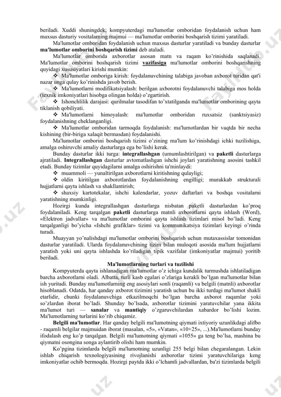lar matnli faylning bir necha satrida yoziladi va butun anketadagi satrlar soni o’zgaruvchan bo’ladi. egallagan lavozimi, unvonlari, faoliyat ko’rsatgan institutlari «ochiq» matnda kiritiladi va ularning nomlarini yozish ixtiyoriy ko’rinishda bo’ladi. masalan: «laboratoriya mud» yoki «lab mud». tushunarliki, bunga o’xshash ma'lumotlar omborlari ish jarayonida juda asqotadi: ularni o’qish, nusxalash, o’zgartirish, qog’ozra chiqarish, biror bo’lagini ajratib olish, hattoki oddiy axborotni izlash (na, ed kabi) osongina bajarilishi mumkin. ammo bunday omborlarning afzalliklari shu bilan tugaydi. so’ngra uning kamchiliklari ketma-ket sanab o’tiladi. bir tomondan, yuqorida qayd qilingan ko’rinishda axborotni kiritish juda murakkab va qiyin ish. bir xil bandlarni ko’p marotaba kiritishga to’g’ri keladi. boshqa tomondan esa, fayllarga kirish oson bo’lganligi sababli fayllarni saqlash paytida undagi ma'lumotlarning buzilishi (qisman uchib ketishi, o’zgarishi)ga olib kelishi mumkin. eng asosiysi shundaki, ma'lumotlar omborini yaratishdan maqsad hosil qilingan ma'lumotlardan foydalanish qulayligidir. birinchidan, turli alomatlariga ko’ra axborotlarni tartiblash, ikkinchidan, ixtiyoriy belgilariga ko’ra ajratib olish oson. matnli fayllar esa ma'lumotlarni bunday …