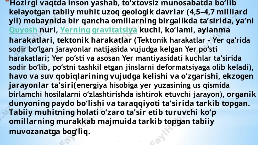 gan zararlarni qoplovchi jarimalar, javobgarlikni talab qilishni tashkil qilish. 6. tabiatni asrash va undan ehtiyotkorlik bilan foydalanishni taʼminlovchi ekologik taʼlim va tarbiyani tubdan yaxshilash. 2.1. tabiatdagi antropogen o’zgarishlar, ularning turlari va shakllari moddalarning aylanma harakati va energiya oqimiga antropogen (antropogen (yun an-thropos — odam va genes — paydo boʻlish) ta’sir etadi quyosh energiyasi yer yuzida ikki xil moddalar almashinuvini ta’minlaydi. quyoshdan kelayotgan issiqlikni 95% yer qobig’i 5% o’simliklar qabul qilib, katta aylanish (geologik) tabiatda nuri va yerning pastki qatlamidan chiqarilgan energiyalarning o’zaro aloqasi bo’lib energiyani biosfera va chuqur yer qatlamlari o’rtasida taqsimlanadi. cho’kma tog’ jinslari yuqori havo harorati ta’siriga o’tadi yer po’stlog’ining harakatchan hududlari bosim ostida qoladi. pastki qatlamda moddalar erib, magma hosil qiladi yoki yangi magma jinslarini manbasi hosil bo’ladi. hozirgi kunda insonlarni ishlab chiqarish faoliyati natijasida atrof - muhitni ifloslanish muammosi nafaqat mahalliy davlat va regional balki planetar hamda global ahamiyatga ega boʼldi. shuning uchun atrof - muhitni …