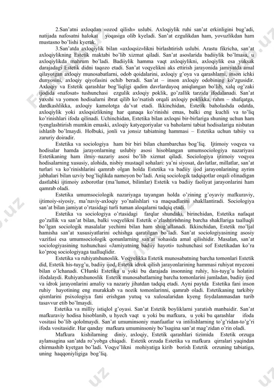 h, xulq-atvorlarida, estetik asosning namoyon bo’lishi bilan ham shug’ullanadi. estetikani faqat go’zalliknigina emas, balki, sifat va xususiyat, oliyjanoblik, byema’nigarchilik, fojiali va kulgili hodisalar ham qiziqtiradi. estetika yordamida biz butun olamni, unga nisbatan o’zimizning insoniy, ijtimoiy munosabatlarimizni ham tushunamiz. estetikaning boshqa fanlar bilan munosabati. estetika falsafiy fan bo’lib, uning nazariy va uslubiy asoslarini falsafiy tafakkur nazariyasi va tarixi tashkil qiladi. masalan: voqyelikni estetik va badiiy o’zlashtirish jarayonlarini o’rganishda xolislik (ob’yektivlik), tarixiy yondashish, bilish jarayonida amaliy tajribaning ahamiyati kabi uslubiy asosni qo’llash ijobiy samara beradi. bilish nazariyasi vositasida san’atning bilish tabiati, voqyelikni badiiy-ramziy ifodalash bilan ilmiy tadqiq etish o’rtasidagi o’zaro aloqadorlik va o’zaro farqlar, voqyelikni badiiy vositalar orqali tasvirlashning ijodiy tabiati; san’at asarlaridagi shartlilik va badiiy haqiqat kabi estetika fanining ko’p muammolarni yechish mumkin. ijtimoiy ongning nisbiy mustaqilligi, ma’naviy hayot xilma-xil shakllarining bir-biriga bog’liqligi, iqtisodiy zamin bilan ijtimoiy ong o’rtasidagi aloqadorlik va bog’liqlik kabi masalalar, estetik ong, badiiy ijod, san’at tabiati va …