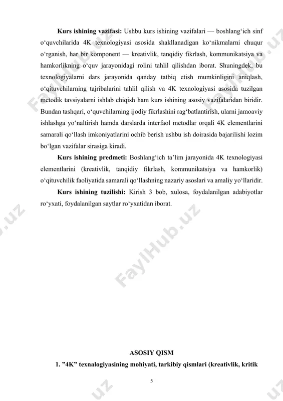 vlar topish qobiliyatidir. boshlang‘ich sinf o‘quvchilari uchun bu ko‘nikma rasm chizish, ertak to‘qish, rolli o‘yinlar o‘ynash, voqealarni dramatizatsiya qilish kabi faoliyatlar orqali shakllantiriladi. ijodiy fikrlash o‘quvchining qiziqishini oshiradi, bilimlarni mustahkamlashga yordam beradi. kritik fikrlash (tanqidiy fikrlash) tanqidiy fikrlash — bu axborotni chuqur tahlil qilish, baholash, taqqoslash va asosli xulosalar chiqarish qobiliyatidir. boshlang‘ich sinf o‘quvchilari bu ko‘nikmani savol-javoblar, matn tahlili, o‘xshashlik va farqlarni aniqlash, sabablilikni izohlash orqali egallab boradilar. tanqidiy fikrlovchi bola o‘z fikrini mustaqil ravishda ifodalab, o‘z qarashlarini dalillar bilan asoslay oladi. hamkorlik (kooperatsiya)hamkorlik — bu guruhda ishlash, vazifalarni bo‘lishib olish, birgalikda qaror qabul qilish va umumiy maqsadga erishishga harakat qilish demakdir. boshlang‘ich sinfda bu ko‘nikma juftlikda ishlash, kichik guruhli topshiriqlar, rolli o‘yinlar, jamoaviy loyihalar orqali shakllanadi. hamkorlik o‘quvchilarda o‘zaro hurmat, yordam, bag‘rikenglik kabi ijtimoiy fazilatlarni rivojlantiradi[footnoteref:5]. [5: abdurahmonova, d. boshlang‘ich ta’lim metodikasi. toshkent: o‘qituvchi nashriyoti, 2022.] kommunikatsiya — bu o‘z fikrini aniq, ravon va tushunarli ifoda eta olish, shuningdek, …