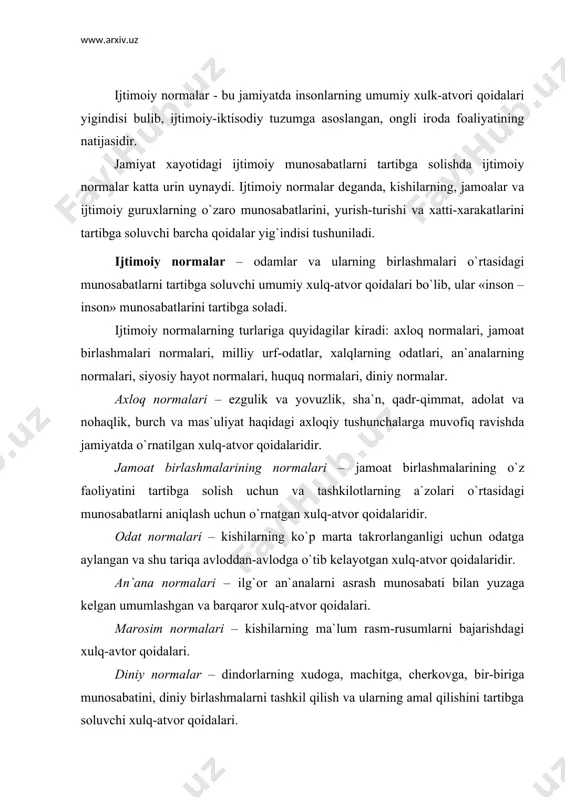 r qoidalari. siyosiy normalar – alohida shaxslar va siyosiy birlashmalarining hokimiyatga munosabati masalalarini tartibga soluvchi xulq-atvor qoidalari. huquq normalari – davlat tomonidan belgilanadigan umummajburiy xulq-atvor qoidalari. ijtimoiy normalarning umumiy belgilari quyidagilardan iborat: a) insonlarning jamiyatdagi xulk-atvor qoidalari, ya`ni fukarolarning о`rtasidagi munosabatlar qanday bо`lishini belgilaydi; b) umumiy xulk-atvor qoidalar sifatida muayyan xayot vaziyatlarida xarakatlarni belgilaydi; v) insonlarning ongli-xoxish foaliyati natijasida vujudga keladi; g) jamiyatdagi ijtimoiy-iqtisodiy tuzum bilan chambarchas bog`likligi, uning iqtisodiy bazisini /ustkurmasini/ belgilaydi. muxtasar qilib aytganda, inson yashar, faoliyat kо`rsatar ekan, xoxlaydimi, yо`qmi muayyan qoidalarga asoslanib yashaydi. uning hayotini tartibga solib turuvchi qoidalar ijtimoiy normalar deyiladi. huquq tushunchasi, belgilari va turlari. huquq – ijtimoiy munosabatlarni tartibga soluvchi, adolat va erkinlikka asoslangan yurish-turish qoidalarining tizimidir. har bir inson о`z hayotida huquq bilan aloqada bо`lib, huquq haqida о`z shaxsiy tasavvuriga ega bо`ladi. «umrida tabiatshunoslik va tarix masalalariga qiziqmagan insonni topish mumkindir, - deb ta`kidlagan edi rus huquqshunosi n.m.korkunov, - lekin hayoti davomida …