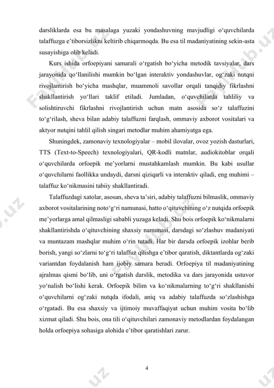 . orfoepiya va uning nazariy asoslari 1.1. orfoepiyaning mohiyati, vazifasi va o‘ziga xos xususiyatlari orfoepiya — bu adabiy tilning og‘zaki shaklida so‘z va gaplarni to‘g‘ri talaffuz qilish qoidalarini o‘rganuvchi tilshunoslik bo‘limidir. so‘z o‘zbek tiliga yunon tilidan kirib kelgan bo‘lib, “orthos” – to‘g‘ri va “epos” – nutq degan ma’nolarni anglatadi. orfoepiya fonetikaning amaliy yo‘nalishlaridan biri sifatida talaffuzdagi me’yorlarni belgilaydi va nutq madaniyatining asosiy komponentlaridan biri hisoblanadi. uning asosiy maqsadi — adabiy til doirasida yagona, umumqabul qilingan talaffuz me’yorlarini belgilab berish va targ‘ib qilishdan iborat[footnoteref:1]. [1: abduazizov a. a. ― til madaniyati va nutq madaniyati. – toshkent: o‘zbekiston, 2000.] orfoepiya og‘zaki muloqotda nutqning aniqligi, tushunarli va ifodali bo‘lishini ta’minlaydi. talaffuz me’yorlariga amal qilinmasa, nutqda tushunmovchiliklar yuzaga keladi, bu esa aloqa jarayonini buzadi. shu bois orfoepik bilimlar har qanday savodli shaxs uchun zarur hisoblanadi. ayniqsa, ommaviy axborot vositalari xodimlari, o‘qituvchilar, aktyorlar, diktorlar va boshqa nutq bilan bog‘liq kasb egalari uchun orfoepiya alohida ahamiyatga …