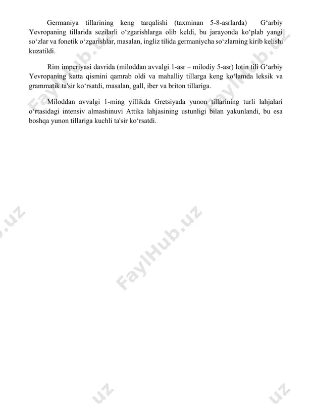 tasdiqlaydi. lingvistik almashinuv va ta'sirlar germaniya tillarining keng tarqalishi (taxminan 5-8-asrlarda) g‘arbiy yevropaning tillarida sezilarli o‘zgarishlarga olib keldi, bu jarayonda ko‘plab yangi so‘zlar va fonetik o‘zgarishlar, masalan, ingliz tilida germaniycha so‘zlarning kirib kelishi kuzatildi. rim imperiyasi davrida (miloddan avvalgi 1-asr – milodiy 5-asr) lotin tili g‘arbiy yevropaning katta qismini qamrab oldi va mahalliy tillarga keng ko‘lamda leksik va grammatik ta'sir ko‘rsatdi, masalan, gall, iber va briton tillariga. miloddan avvalgi 1-ming yillikda gretsiyada yunon tillarining turli lahjalari o‘rtasidagi intensiv almashinuvi attika lahjasining ustunligi bilan yakunlandi, bu esa boshqa yunon tillariga kuchli ta'sir ko‘rsatdi. 📌xulosa qadimgi yevropa nutq madaniyati tilning ijtimoiy va siyosiy hayotdagi muhim rolini, shuningdek, ritorika va badiiy nutqning rivojlanishini ko'rsatadi. uning o'ziga xos xususiyatlari turli xalqlarning madaniy an'analari bilan chambarchas bog'liq edi. 📚foydalanilgan adabiyotlar 1. клод леви-стросс. туққанлик тузуми. 2. мишель фуко. сўз ва нарсалар. 3. якобсон, р. лингвистика ва поэтика. 4. бенвенист, э. жамият тили. 5. эмиль дюркгейм. …