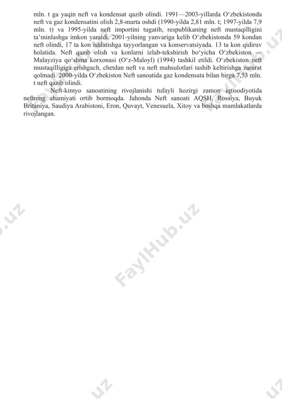 ildi. oʻsha davrda respublikada neft sanoatining infratuzilmasi ham vujudga keldi. 1941-yilda 196 ming t, 1945-yilda 478 ming t neft qazib olindi, 50-yillardan neft konlarida telemexanizatsiya vositalari qoʻllanildi, turbinali burgʻilash joriy qilina boshladi. 1959-yilda fargʻona vodiysi va surxondaryo viloyatidagi 9 neft konining oʻzidan 1460 ming t dan ziyod neft olindi. usha davrda buxoro-xiva hududlarida topilgan neft konlari ishga tushirildi, ularning negizida neft va gaz qazib olish boshqarmasi tashkil etiddi. 70-yillar boshidan ayrim neft konlaridagi zaxiralarning tugashi natijasida neft qazib olish kamaydi. yangi neft konlarini topish uchun chuqur quduqlar qazish oʻzlashtirildi. voruxda 5200 m, gʻumxonada 5670 m, chust-popda 5805 m, mingbuloqda 6006 m oʻta chu kur neft quduqlari burgʻilandi. 1985-yilda buxoro-xiva provinsiyasida yaxshi tarkibli, neft-gaz kondensatli koʻkdumaloq koni ochildi. oʻzbekiston respublikasi mustakillikka erishganidan soʻng neft sanoatini rivojlantirish masalasi muhim ishga aylandi. 1992-yil 23-dekabrda neft va gaz sanoati hamda u bilan bogʻliq barcha korxona, tashkilot, muassasalar yagona boshqaruvga birlashtirilib, "oʻzbekneftgaz" milliy korporatsiyam tashkil …