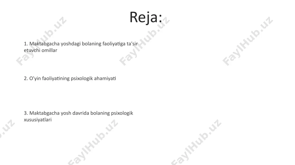 hda bola o'z emotsiyalarini boshqarishni o'rgana boshlaydi. ular o'zlarining 7 ta asosiy his-tuyg'ularini (qo'rquv, quvonch, g'azab, xafagarchilik) ifodalash usullarini asta-sekin o'zlashtiradilar. his-tuyg'ular sohasining xususiyatlari o'yin faoliyatining rivojlanishi o'yin faoliyatining rivojlanishi 3 yoshdan 5 yoshgacha bo'lgan davrda rolli o'yinlar muhim ahamiyat kasb etadi. bola hayotiy vaziyatlarni takrorlaydi, ijtimoiy rollarni o'rganadi va kommunikativ ko'nikmalarini rivojlantiradi. o'yin faoliyatida 2 turdagi o'yinlar mavjud: syujetli-rolli o'yinlar va qoidali o'yinlar. syujetli o'yinlarda bolalar o'zlari rollarni taqsimlaydi, qoidali o'yinlarda esa o'rnatilgan tartibga amal qiladi. maktabgacha yoshdagi bolaning kognitiv rivojlanishi maktabgacha yoshdagi bolalar egotsentrik fikrlashdan asta-sekin uzoqlashadilar. 4 yoshga kelib, boshqalarning nuqtai nazarini tushunishga harakat qiladilar, garchi bu hali to'liq shakllanmagan bo'lsa ham. maktabgacha yoshdagi bolaning kognitiv rivojlanishi diqqat va xotira xususiyatlari 6-7 yoshga kelib, bolalar ixtiyoriy diqqatni rivojlantira boshlaydilar va 20-25 daqiqa davomida biror narsaga diqqat qaratishlari mumkin. xotira ham yaxshilanadi, lekin xali ham uning hajmi chegaralangan. diqqat va xotira xususiyatlari shaxs shakllanishi va ijtimoiy munosabatlar preschool …