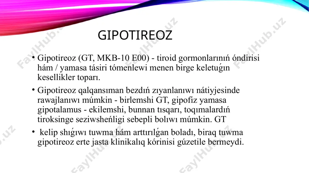 mitreoidektomiya, eger qalqansıman bezdiń júdá úlken bólegi alıp taslanǵan bolsa yamasa diffuz patologik process bar bolsa, gipotireozga alıp keliwi múmkin 3. anomal jaylasqan qalqansıman bezdi alıp taslaw - qalqansıman bez qalqansimon tilshe kista quramında bolıwı múmkin. operatsiyadan aldın, bezdiń barlıq toqımaları kista diywallarında jaylastırılmaǵanlıǵına isenim payda etiw ushın radioizotop skanirin ótkeriw usınıs etiledi. operatsiyadan 6 -8 hápte ótkennen keyin qalqansıman bez funksiyasın bahalaw ushın sıvortkada t4 hám ttg muǵdarın anıqlaydı. gipotireozdıń etiologik klassifikaciyası 4. qalqansıman bezdi ulıwmalastırılǵan infiltrativ yamasa granulomatoz processlerge tartıw - tsistinoz, x gistiocitoz hám basqalar. 5. yod jetispewshiligi - yod jetispewshiligi menen gipotireoz 6. yod hám basqa dári ónimleriniń artıqsha muǵdarı - qalqansıman bez funksiyasına tásir etiwshi preparatlardı qabıllaw (artıq yod, litiy, bromidler, sulfanil-mochevinalar, ayırım sudorogige qarsı preparatlar) 7. radiatsion zıyanlanıw - sonday-aq yod izotopları menen gipotireozdıń etiologik klassifikaciyası ii. ekilemshi - sonday-aq yod izotoplari menen 1. ósimlikler (kraniofaringioma), granulomatoz processler bas mıy jaraqatları, nur terapiyası, ximiyaterapiya …
