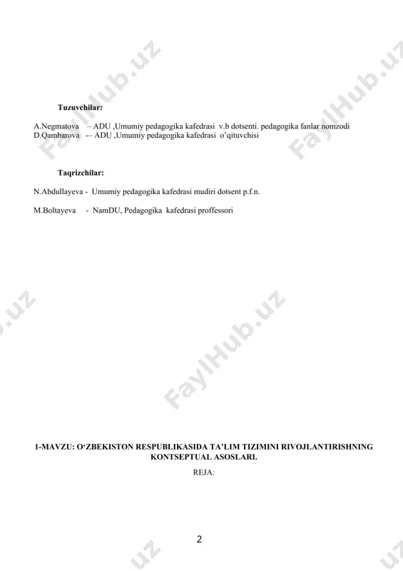 ishlarini tartibga solish, ma'lum bir muddat davomida uning rivojlanshnini ta'minlash maqsadiga qaratilgandek tuyuladi. aslida esa ularning mohiyatiga chuqur ijtimoiy-siyosiy, ma'naviy, ma'rifiy maqsad va vazifalar kiritilgan bo'lib, yaqin kelajakda o'zbekiston respublikasi taraqqiyotining o'ziga hos modeli ishlab chiqilgan. mazkur qonunlarning hayotga tadbiq etilishi xalq xo'jaligining barcha sohalarini yangi taraqqiyot bosqichiga ko'tarish uchun xizmat qiladi. chunki bu qonunlar jamiyatning har bir a'zosiga qobiliyati, qiziqish va intilishlariga mos bo'lgan ta'lim -tarbiya berish, shaxsiy sifatlarni to'la tarkib toptirish hamda namoyon etish imkonini yaratadi. uzluksiz ta'lim tizimi barcha kishilarga mos bo'lgan ta'limni olishi, kasb egallashi, uni takomillashtirib borishlariga to'la sharoit yaratishga mo'ljallangan. «ta’lim to’risida»gi qonun va «kadrlar tayyorlash milliy dastur»i ozaro mantiqan bir -biriga boglangan bo'lib, hozirgi sharoit uchun eng mukammal ta'lim tizimi va kadrlar tayyorlashning metodologik asosi vazifasini o’taydigan mazmunni kasb etadi. bu hujjatlar ham nazariy, ham amaliy jihatdan o'ta hayotiy bo'lib, uni sinchkovlik bilan o'rganishni, ta`lim - tarbiyaning ilmiy asoslarini ishlab chiqishda va hayotga …