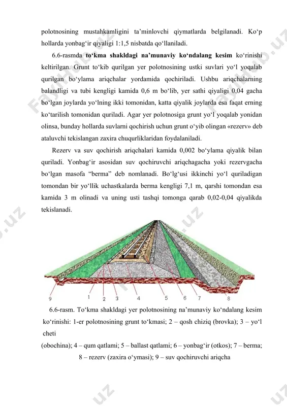 gligi 7,1 m, qarshi tomondan esa kamida 3 m olinadi va uning usti tashqi tomonga qarab 0,02-0,04 qiyalikda tekislanadi. 6.6-rasm. to‘kma shakldagi yer polotnosining na’munaviy ko‘ndalang kesim ko‘rinishi: 1-er polotnosining grunt to‘kmasi; 2 – qosh chiziq (brovka); 3 – yo‘l cheti (obochina); 4 – qum qatlami; 5 – ballast qatlami; 6 – yonbag‘ir (otkos); 7 – berma; 8 – rezerv (zaxira o‘ymasi); 9 – suv qochiruvchi ariqcha o‘yma shakldagi namunaviy ko‘ndalang kesim ko‘rinishi 6.7-rasmda keltirilgan. bunda yer polotnosining asosiy maydonchasi to‘kma shakl bilan bir xil. asosiy maydonchaning ikki yonidan “kyuvet” deb ataluvchi bo‘ylama ariiqchalar qurilib, uning chuqurligi 0,6 m, tubining kengligi 0,4 m, bo‘ylama qiyaligi 0,02 qilib olinadi. agar erni o‘yish vaqtida olingan grunt yaqin atrofda yo‘l to‘kmasiga ishlatilmasa, u holda tepalik tomondan o‘yma tashqarisiga to‘g‘ri prizma shaklida to‘kib tekislanadi va uning nomi “kavaler” deb ataladi. yo‘l tomonga oqib keladigan suvlarni qochirish uchun kavalerdan oldin tepa tomon ariqchasi quriladi. o‘yma …