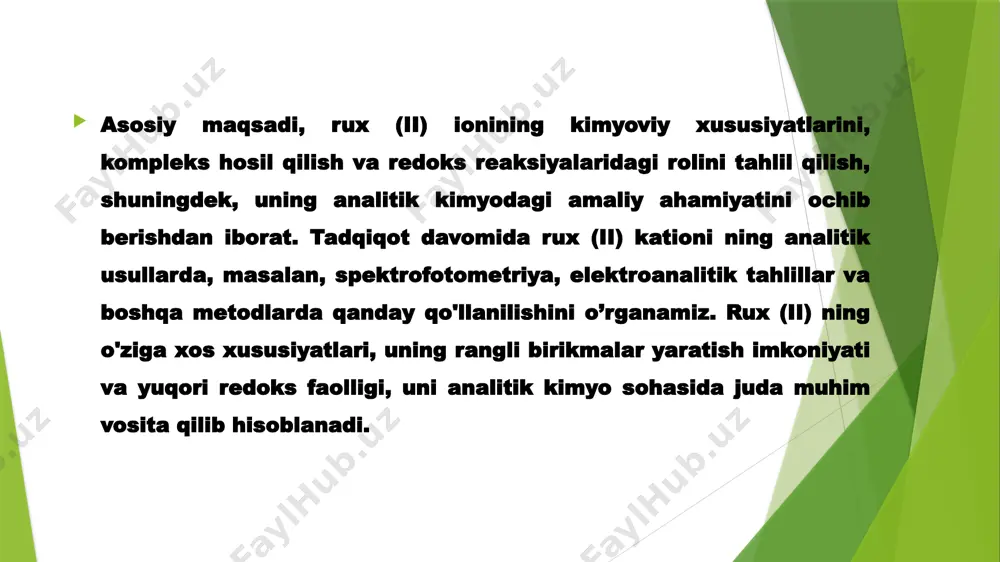 i nh₄oh (oz miqdor) zn(oh)₂ cho‘kmasi oq cho‘kma nh₄oh (ortiqcha) [zn(nh₃)₄]²⁺ kompleksi cho‘kma eriydi 2.2 ishni bajarish tartibi zn+2 kationing kislota – asosli reaksiyalar tajribasi kerakli reaktivlar va uskunalar: no asbob nomi maqsadi va qo’llanishi 1 probirka (10-15 ml) reaksiya o’tkazish uchun 2 probirka stendi probirka tik turishini taminlaydi 3 pipetka aniq hajmdagi eritmani olish 4 byuretka reaktivlar qo’shishda aniq hajmni o’lchash 5 o’lchov slindr (minzurka) eritmalar hajmini o’lchash uchun 6 elektr isitgich eritmani isitish uchun no reaktiv nomi: konsentratsiya maqsadi 1 rux (ii) sulfat znso₄ 0.1 m rux (ii) ionlarining manbai 2 natriy gidroksid naoh 1m gidroksid cho‘kmasini hosil qilish 3 amoniy gidroksid nh₄oh 1m neytral muhitda gidroksid olish 4 vodorod sulfid eritmasi h₂s(oq) yoki na₂s to’yingan sulfid cho‘kmasi hosil qilish 5 ammiak eritmasi nh₃ 10% kompleks hosil qilish uchun 6 tuz kislota hcl 1m eritmani kislotali qilish 7 distillangan suv - eritmalar tayyorlash va yuvish rux kationining reaksiyalari …