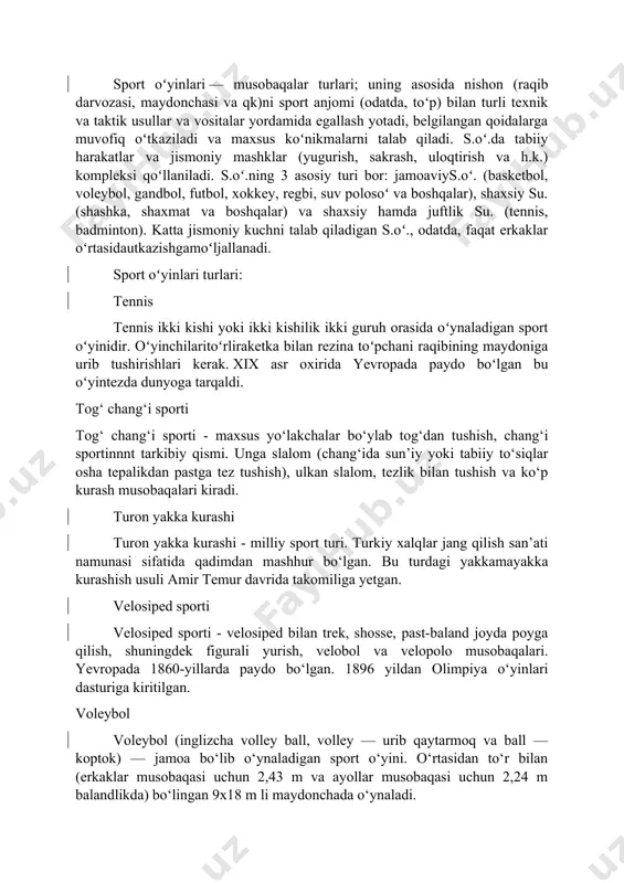 ng rivojlanishiga yordam beradi. bundan tashqari mashg‘ulotlar jarayonida bolalarda jismoniy sifatlar (chaqqonlik, tezkorlik, chidamkorlik…), shuningdek, ritmlilik, harakatlar koordinatsiyasi, fazoda mo‘ljal olish malakasi rivojlanadi. velosipedda yurish, konkida uchish vestibulyar barqarorlikni rivojlantiradi. tegishli kiyimda turli temperaturada toza havodagi mashg‘ulotlar quyosh nurida, shuningdek suvda chiniqish modda almashishini kuchaytiradi va chiniqtirishga xizmat qiladi. sport mashg‘ulotlaridan iborat mashg‘ulotlar bolalarga tabiat xodisalarini bilishga (qor, shamol, muz, suv…) sirg‘alish, tormozlanish haqidagi tushunchalarni, shuningdek sportroller, velosiped tuzilishi haqidagi bilimlarini egallashiga imkon beradi. sport mashqlari – mushaklarni mustahkamlashga, suyak, yurak, qon-tomir, asab tizimini rivojlantirishga yordam beradigan mashqlardir. ochiq havoda tashkil etiladigan jismoniy tarbiya mashg‘ulotlarida bolalarni sport mashqlari va sport o‘yinlari elementlariga o‘rgatadi. bu ishni asosan tarbiyachi olib boradi, lekin bolalarning sport mashqlarini bajarish malakalarini egallab va sport o‘yinlarini o‘ynashni bilib olishlari uchun ularni doimo sayrlar vaqtida takrorlash va mustahkamlab borish kerak. ob-havo sharoiti, sport jihozlarining bor-yo‘qligi, bolalarning u yoki bu sport o‘yini va mashqlarini egallab olish darajasiga qarab, tarbiyachi …