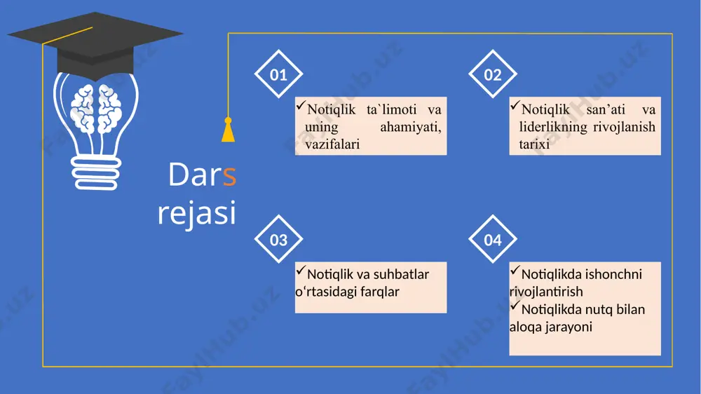 otiqlik akademik nutq ijtimoiy-maishiy nutq blits so`rov mohir notiq kim? no`noq notiq kim? notiqlik tarixi notiqlik san`ati sarkardalik san`atiga teng bo`lgan misr, assuriya vavilon, hindiston qadimgi rim va afina demosfen (demosthenes) (mil. av. 384—322) — yunon notigʻi, siyosiy arbobi. afinadagi demokratik kayfiyatdagi guruhning yoʻlboshchisi. notiklik sanʼatidan dars bergan, sud mahkamalarida, yigʻilishlarda nutq soʻzlagan (61 nutqi, 56 maʼruzasi saqlanib qolgan). butun umri davomida afinaning mustaqilligi va yunoniston polislarining makedoniyaga qarshi birlashishi uchun kurashgan. makedoniya podshosi filippga qarshi qaratilgan bir qancha nutq soʻzlagan (bu nutklar «filippik» nomi bilan mashhur). hayotining soʻnggida, dushmanlari taʼqibiga uchrab, afinadan qochgan va zahar ichib oʻlgan. sitseron mark tulliy (marcus tullius cicero) (mil. av. 106.3.1, arpinum — mil. av. 43.7.12, hoz. gaeta yaqini) — rim siyosiy arbobi, notiq, yozuvchi. rimda tahsil olib, notiqlik sanʼatini egallaydi, soʻng afina, kichik osiyo va rodosda oʻz bilimini mukammallashtiradi. elchilik davrida (mil. av. 63 y.) katalina fitnasini fosh etgani uchun «fuqarolik chambari» bilan …