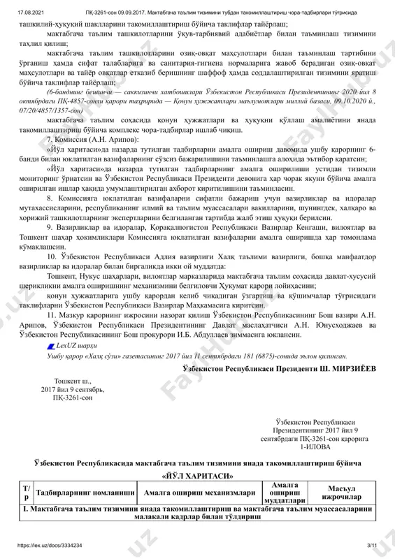 малга ошириш; https://lex.uz/docs/3334234?ondate=11.09.2017%2000#5047978 17.08.2021 пқ-3261-сон 09.09.2017. мактабгача таълим тизимини тубдан такомиллаштириш чора-тадбирлари тўғрисида https://lex.uz/docs/3334234 2/11 инвесторлар томонидан давлат-хусусий шериклик тўғрисидаги келишувда назарда тутилган шартларга, мактабгача таълим соҳасидаги давлат талабларига, санитария-гигиена нормаларига қатъий риоя этиш, келишув амал қилишининг бутун муддати давомида фаолият йўналишини сақлаб қолиш бўйича мажбуриятларни қабул қилиш, шунингдек, мактабгача таълим ташкилотлари хизмати нархининг ижтимоий ҳаммабоплигини таъминлаш; (2-банднинг биринчи — бешинчи хатбошилари ўзбекистон республикаси президентининг 2020 йил 8 октябрдаги пқ-4857-сонли қарори таҳририда — қонун ҳужжатлари маълумотлари миллий базаси, 09.10.2020 й., 07/20/4857/1357-сон) давлат-хусусий шериклик тўғрисидаги келишув шартларига ўзгартиш ва қўшимчалар киритиш ҳамда уларни бекор қилиш механизмлари. ўзбекистон республикаси халқ таълими вазирлиги иқтисодиёт вазирлиги, молия вазирлиги, хусусийлаштирилган корхоналарга кўмаклашиш ва рақобатни ривожлантириш давлат қўмитаси, қорақалпоғистон республикаси вазирлар кенгаши, вилоятлар ва тошкент шаҳар ҳокимликлари билан биргаликда 2018 йилда ўтказилган эксперимент якунлари юзасидан ўзбекистон республикаси вазирлар маҳкамасига республиканинг бошқа ҳудудларида мактабгача таълим соҳасида давлат-хусусий шериклик механизмларини жорий этиш бўйича таклифлар киритсин. олдинги таҳрирга қаранг. …