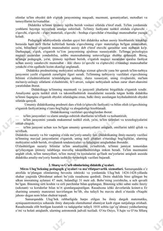 i savollarga javob izlaydi. didaktikaning ob’yekti – o’sib kelayotgan avlodga ijtimoiy tajribalarni, milliy va umuminsoniy madaniyatni tarkib toptirishga yo’naltirilgan faoliyatning asosiu turi hisoblangan ta’lim berishdir. didaktikaning predmeti sifatida o’rgatish (o’qituvchi faoliyati) va o’rganish (o’quvchilarning bilish faoliyati), ularning o’zaro harakati aks etadi. o’qitish jarayoni pedagogning o’rgatuvchilik faoliyatini va o’quvchilarning maxsus tashkil etilgan bilish faoliyatini o’z ichiga oladi. shu o’rinda bu jarayonlarning tahliliga e’tibor qarataylik. ta’limda o’qituvchining boshqaruvchilik roli o’z kasbining ijtimoiy asoslaridan kelib chiqib, ajdodlarining boy tajribasini, insoniyatning asrlar davomidagi bilish, mehnat, muloqot, umumiy aloqalar, estetik hamda axloqiy qarashlar jarayonida qo’lga kiritgan yutuqlarni egallashni shart qilib qo’yadi. bularning barchasi o’qituvchining ta’limiy, tarbiyaviy, rivojlantiruvchi vazifalarini amalga oshirishida o’z aksini topmog’i lozim. ana shu asosdan kelib chiqib aytish mumkinki, ta’lim jarayonida o’qituvchi o’quvchilariga qo’lga kiritilgan bilimlarni o’rgatadi. o’quv faoliyatida ularni ko’nikma va malakalar bilan qurollantiradi. shu bilan bir paytda u o’quvchilarda dunyoqarash va axloq normalarini hosil qiladi, qiziqish va qobiliyatlarni shaklantiradi, ularning bilish …