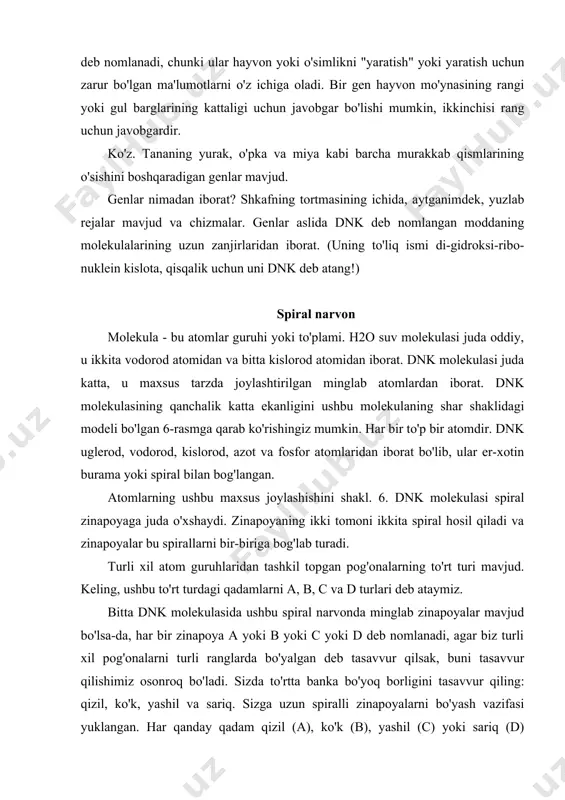 a sariq. sizga uzun spiralli zinapoyalarni bo'yash vazifasi yuklangan. har qanday qadam qizil (a), ko'k (b), yashil (c) yoki sariq (d) ranglarga bo'yalgan bo'lishi mumkin. birinchi o'n qadam uchun qancha bo'yoq variantlari mavjud? dnk molekulasidagi kichik bog'lanish. yuqori rasmda molekulaning "spiral" tuzilishi ko'rsatilgan. pastki rasmda molekuladagi atomlar ko'rsatilgan. har bir to'p bitta atomni anglatadi. masalan, quyidagi variantlarni tasavvur qiling: qizil - ko'k - sariq - ko'k - yashil va boshqalar ko'k qizil - yashil - yashil - sariq va boshqalar sariq - qizil sariq - qizil - yashil va hk. shunday qilib, qancha variant mavjud? javob sizni juda hayratda qoldiradi. zinapoyangizning dastlabki 10 pog'onasini bo'yash uchun milliondan ortiq turli xil usullar mavjud! aniq raqam 1.048.576! dnk molekulasining bo'limi, atigi 10 qadam, a, b, c va d pog'onalarning joylashishiga qarab milliondan ortiq yo'llar bilan qurilishi mumkin.100 pog'onali uzun dnk molekulalarining soni million million. agar molekula ming pog'onaga ega bo'lsa, unda siz …