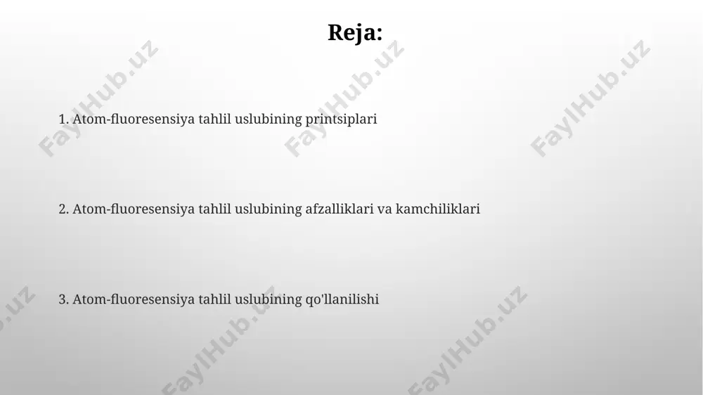 dan kam konsentratsiyalardagi elementlarni aniqlash imkonini beradi, bu uni yuqori sezuvchanlikka ega tahlil usuli qiladi. atomizatsiya usullari gidridli atomizatsiya, uchuvchan gidridlar hosil qilish orqali, masalan, selen, mishyak va simob kabi elementlarning atomizatsiyasini yaxshilash uchun qo'llaniladi. bu usul, 1% dan kam miqdordagi elementlarni aniqlashga imkon beradi. atomizatsiya usullaridan biri bo'lgan elektrotermik atomizatsiya (eta) usulida, namunalar 2000-3000°c gacha qizdiriladigan grafit yoki tantal kamerasida bug'lanadi va atomlar hosil bo'ladi. qo'zg'alish manbalari lazerli induksiyalangan plazma (lip) texnologiyasi qo'zg'alish manbai sifatida 10 6 -10 7 k gacha bo'lgan yuqori haroratli plazmani hosil qiladi, bu atomizatsiya va qo'zg'alish samaradorligini oshiradi. atomik florosents analizida qo'zg'alish manbai sifatida 200-300 nm diapazonidagi yuqori energiyali ultrabinafsha nurlanishidan foydalanish yuqori sezuvchanlikni ta'minlaydi. atom floresansining asoslari ushbu usulda qo'llaniladigan nurlanish manbalari sifatida, 200-800 nm to'lqin uzunligidagi bo'shliq lampalari yoki lazerlar ishlatiladi, bu elementlarning xarakterli spektr chiziqlarini qo'zg'atish uchun muhimdir. atomli floressensiya analizida namunadagi elementlarning konsentratsiyasi 10-1000 ng/ml oralig'ida aniqlanishi mumkin bo'lib, bu …