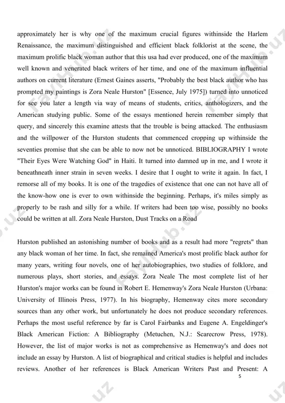 cumbersome. confusing composition reduces its usefulness. genre listings list only one short story and one play by hurston. in individual references she lists her six stories and her three plays. some of her essays are listed in her other topics section. esther spring arata and nicholas john rotoli in black american playwrights, 1800 to the present: a bibliography (metuchen, n.j.: scarecrow press, 1976) include an excellent collection of hurston's plays and her essays related to drama and theater. contains a list. however, they incorrectly attribute her "the negro in the american theater" (theater arts, august 1942) to hurston. arata's more black american playwrights: a bibliography (metuchen, n.j.: scarecrow press, 1978) is a less useful update. only three of her plays by hurston (two of which were included in early collections) and three important articles of his are cited. alan dundes from laughing barrel to mother witt's roadside dust track: reading …