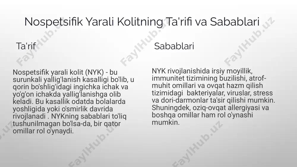 , budesonid (entocort) immunomodulyatorlar azatioprin (imuran), 6-merkaptopurin (purinethol) biologik preparatlar infliximab (remicade), adalimumab (humira) 6 jarrohlik davolash xavfsiz jarrohlik jarrohlik davolash kam hollarda qo'llaniladi, odatda dori-darmonlarga javob bermaydigan holatlarda amalga oshiriladi. ichak reseksiyasi jarrohlik davolashning asosiy turi - bu kasallik ta'sir qilgan ichak qismini olib tashlash. ilchakni qayta tiklash jarrohlikdan keyin bemorlarni reabilitatsiya qilish va to'g'ri oziqlanishga rioya qilish kerak. 7 yangi davolash usullari 1 genetik terapiya genlarni o'zgartirish orqali kasallikni davolash. 2 fekal mikrobiota transplantatsiyasi sog'lom odamning ichak mikroflorasini o'tkazish. 3 immunoterapiya immunitet tizimini o'zgartirish orqali yallig'lanishni kamaytirish. 8 asoratlari va profilaktikasi 1 anemiya ichak devorlarining shikastlanishi tufayli. . 2 to'g'ri ichak yallig'lanishi to'g'ri ichakda xavfli o'sma paydo bo'lishi ehtimoli. . 3 oziqlanish etishmovchiligi ichakning hazm qilish qobiliyatining pasayishi. . 4 ichakning torayishi yallig'lanish tufayli ichakning torayishi. jiddiy asorat, jarrohlik talab qilinishi mumkin. 9 xulosa va tavsiyalar 1 erta tashxis belgilar paydo bo'lganda tezda shifokorga murojaat qilish muhim. 2 …