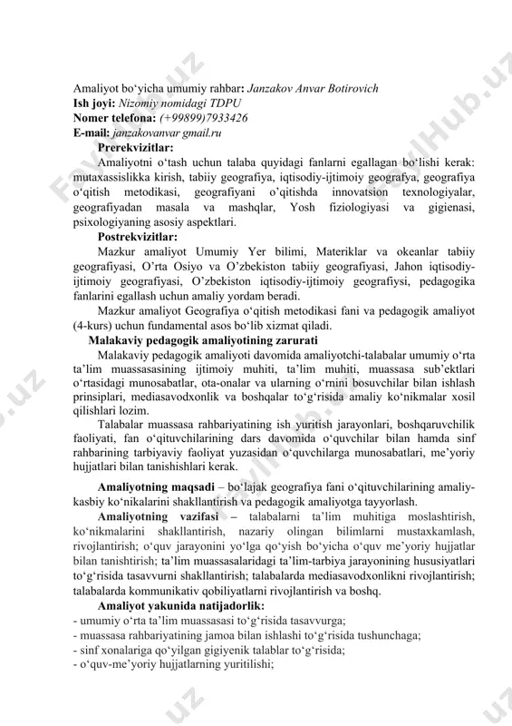 an jami 4 ta) – maksimal 20 ball a) 4 ta ochiq dars – 20 ball b) 3 ta ochiq dars – 15 ball c) 2 ta ochiq dars – 10 ball d) 1 ta ochiq dars – 5 ball izoh: maktab о‘ibdо‘ tomonidan tasdiqlangan dars ishlanmasi hamda talaba aks etgan rasmlar hamda 5 minutlik videorolik bilan aniqlanadi. 3) о‘quv didaktik materiallar tayyorlash (amaliy ishlar uchun tarqatma materiallar, joriy nazoratlar uchun sinov materiallari tayyorlash va boshq.) – maksimal 10 ball a) amaliy (5 ta ) tarqatma materiallari – 5 ball b) standart va nostandart test sinov materiali 5-7-8-9-10- sinflar kesimida, mavzulashtirilgan 20 tadan jami 100 ta test – 5 ball izoh: talaba tomonidan tayyorlangan didaktik materialini amaliyot rahbarining imzosi bilan tasdiqlangan ishlanmalar, tarqatmalar asosida aniqladi. 4) umumta’lim maktabi ichki tartib qoidalari asosida maktabda ta’qiqlangan harakatlar yuzasidan esse (200 sо‘zdan kam bо‘lmagan) tayyorlash – 5 ball izoh: talaba tomonidan tayyorlangan essening …