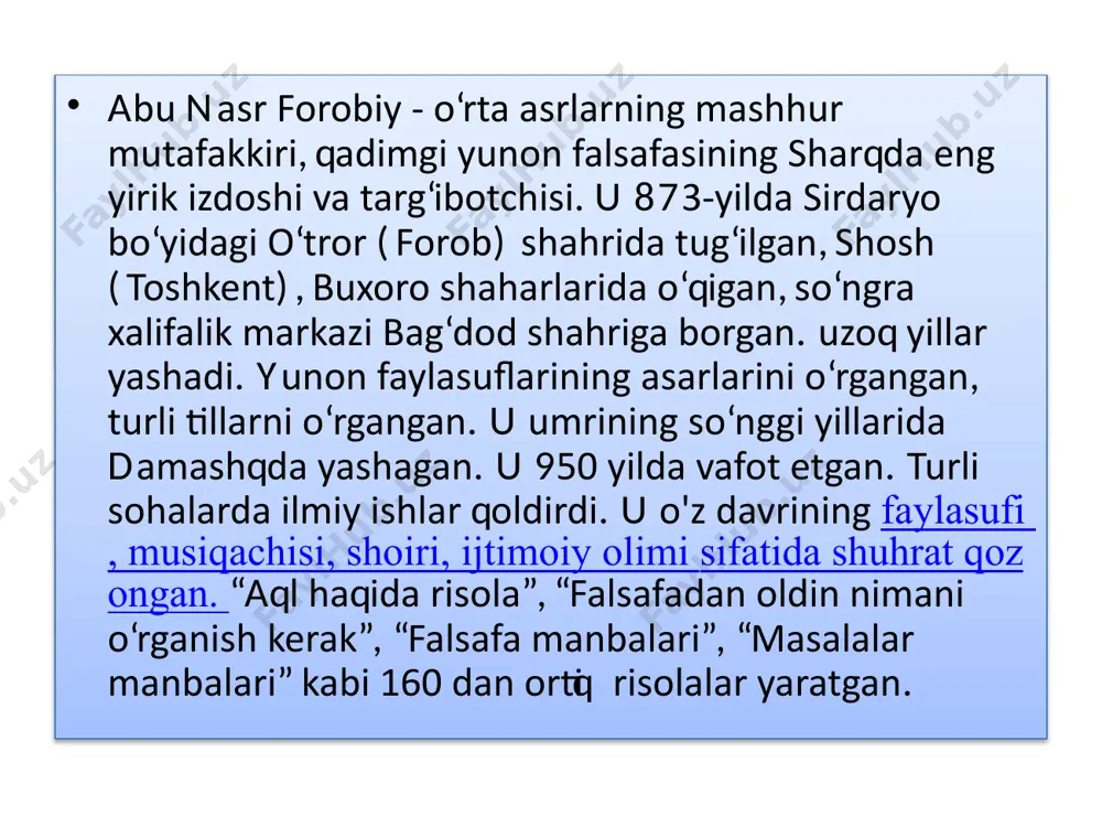 ega ekanligini ta’kidlaydi. forabiyning aytishicha, bunga to'g'ri tayyorgarlik orqali erishish mumkin . chunki maqsadga muvofiq olib boriladigan ta’lim va tarbiya insonni ham aqliy, ham axloqiy kamolotga yetkazadi, xususan, inson tabiat va jamiyat qonunlarini to‘g‘ri o‘rganadi va hayotda to‘g‘ri yo‘ldan boradi, boshqalar bilan o‘zini to‘g‘ri tutadi, jamiyat unga ergashadi. tartib qoidalari. binobarin, forobiy ta’lim-tarbiyaning asosiy vazifasi jamiyat talablariga javob bera oladigan, shu jamiyatga xizmat qila oladigan yetuk shaxsni tarbiyalashdan iborat deb hisoblaydi. forabiyning aytishicha, bunga to'g'ri tayyorgarlik ko'rish orqali erishish mumkin. chunki maqsadga muvofiq olib boriladigan ta’lim va tarbiya insonni ham aqliy, ham axloqiy kamolotga yetkazadi, xususan, inson tabiat va jamiyat qonunlarini to‘g‘ri o‘rganadi va hayotda to‘g‘ri yo‘ldan boradi, boshqalar bilan o‘zini to‘g‘ri tutadi, jamiyat unga ergashadi. tartib qoidalari. binobarin, forobiy ta’lim-tarbiyaning asosiy vazifasi jamiyat talablariga javob bera oladigan, shu jamiyatga xizmat qila oladigan yetuk shaxsni tarbiyalashdan iborat deb hisoblaydi. forobiy ilk bor ta'lim va tarbiyaga ta'rif bergan olim hisoblanadi . …
