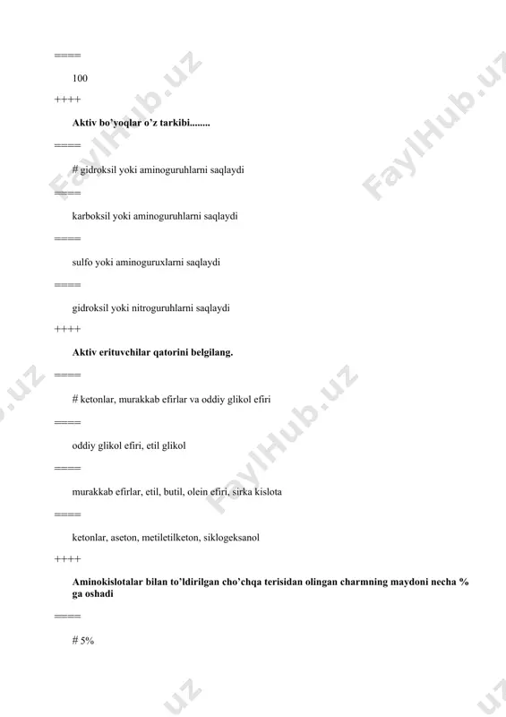 mlar qoplamasining farqli xususiyatini belgilang ==== # yupqa qoplamalar ==== kazeinli qoplama ==== rangli qoplama ==== lokli qoplama ++++ elastik charmlarga qo’yilgan texnik talablar xom ashyo turi bo’yicha nechta guruhga taqsimlangan ==== # 4 ==== 3 ==== 5 ==== 1 ++++ hozirgi vaqtda po’stinbop qo’y terilarini necha xil usul bilan bo’yaladi ==== # 3 ==== 9 ==== 8 ==== 4 ++++ issiqqa chidamli bulg’or charmining pishish harorati necha gradusga teng ==== # 104 ==== 120 ==== 55 ==== 70 ++++ junga temir sulfati ishlov berish jarayoni necha soat davom etadi ==== # 6 ==== 8 ==== 5 ==== 3 ++++ junni chiroyli qilib imitasiyalashda qo’llaniladi. ==== # rezervli bo’yash ==== purkab bo’yash ==== trafaretli bo’yash ==== rasmli bo’yash ++++ kazein asosidagi plyonka hosil qiluvchilarning xususiyatlarini ko’rsating. ==== # yuqori adgeziyali, zaharsizligi, olovga xavfsizligi, gigiyenik xossasi yuqoriligi va termoreaktivligi ==== suvga chidamliligi, olovga xavfsizligi, zaharsizligi, yuqori adgeziyaligi ==== zaharsizligi, termoreaktivligi, adgeziyasi …
