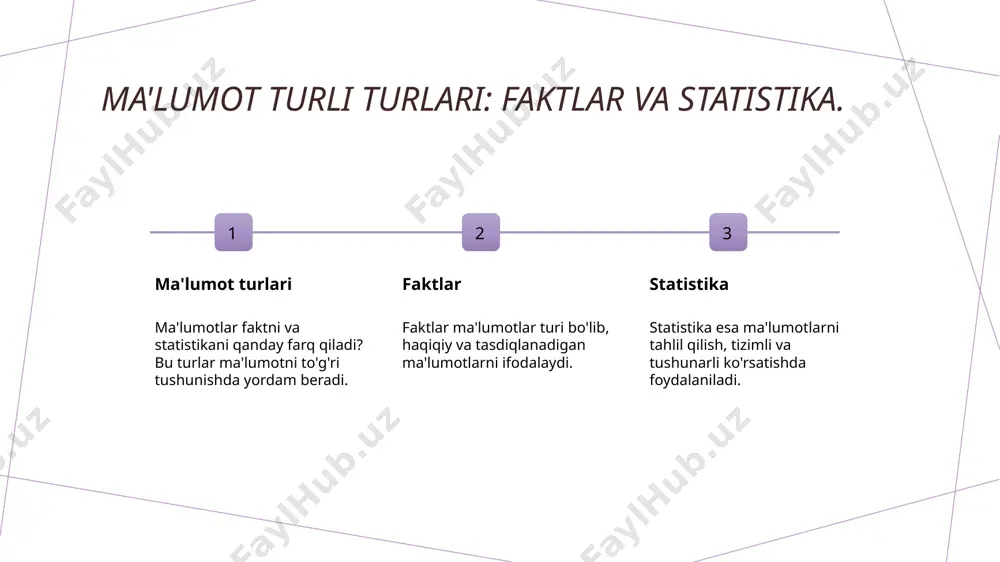 rli usullari mavjud: anketalar, tajribiy sinovlar, vaqtinchalik sinovlar. sinovlar natijalari ma'lumotlarni tahlil qilish, to'g'ri yoki noto'g'ri ekanligini aniqlashga yordam beradi. photo by corinne kutz on unsplash ishonchli ma'lumot manbalari va ularning kafolatlari 1 ishonchli ma'lumot manbalari ishonchli ma'lumot manbalari, ma'lumotlarni to'plashning amalga oshirilgan jarayonlari, ularni tekshirish va tekshirish uchun ishonch kafolatlari bilan bog'liqdir. 2 ishonchli ma'lumot manbalari turlari ishonchli ma'lumot manbalari turlari, masalan, ilmiy, matbuot, internet manbalari, shuningdek ma'lumotlar muassasalari, ma'lumotni topish usullari. 3 ma'lumot manbalari kafolatlari ma'lumot manbalari kafolatlari, masalan, ma'lumot manbalari to'g'risida ma'lumotlarni tekshiruvchi organlar, ma'lumotlarini amalga oshirishda ishonch kafolatlari. ma'lumot manbalari va ularning tarixiy o'zgarishlari ma'lumot manbalari ma'lumotlar olishning asosiy manbalari maqolalar, kitoblar va internet sahifalardir. ular tarixiy ravishda o'zgarishi mumkin. tarixiy ma'lumot manbalari tarixiy ma'lumotlar manbalari qadimiy yozuvlar, arxivlar va muzeylardir. bu manbalardan o'qib, tarixni tushunishimiz mumkin. teknologik o'zgarishlar so'nggi yillarda, internet va elektronik manbalar ma'lumot olishning yangi usullarini o'z ichiga olgan. bu o'zgarishlar ma'lumotlanishni tezlashtirdi. …