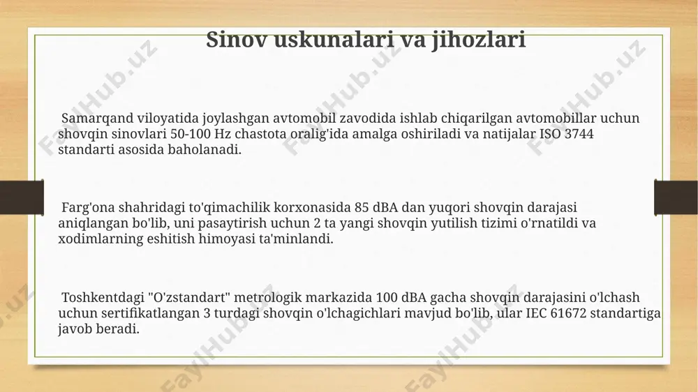 iysidagi paxta tozalash zavodida 70 dba dan yuqori shovqin darajasiga ega bo'lgan jihozlar aniqlangani sababli, ularni tovush o'tkazmaydigan ekranlar bilan himoya qilish loyihasi ishlab chiqildi. shovqinni kamaytirish usullari yuqori chastotali shovqinlarni (1000-5000 hz) kamaytirish uchun, farg'ona shahridagi korxonalarda ishlatilayotgan faol shovqinni bostirish tizimlari 20-30% gacha samaradorlik ko‘rsatadi. samarqand viloyatidagi qurilish maydonchalarida o‘rnatilgan shovqin to‘siqlari, balandligi 2 metr bo‘lgan, atrof-muhit shovqinini 5-7 db ga kamaytirishi mumkin. shovqin darajasini 10 db ga kamaytirish uchun, toshkentdagi zavodlarda qo‘llaniladigan tovush yutilish materiallari, masalan, 50 mm qalinlikdagi mineral jun, samarali hisoblanadi. sinov natijalarini hujjatlashtirish 100 dan ortiq o‘lchovlarni o‘z ichiga olgan to‘liq hisobot, farg‘ona viloyatidagi mutaxassislar tomonidan tasdiqlangan va raqamli imzo bilan ta’minlangan. toshkent shahridagi akustik laboratoriyada o‘tkazilgan sinov natijalari, 65 db dan yuqori shovqin darajalarini ko‘rsatgan holda, maxsus protokollarga 3 nusxada rasmiylashtirildi. sinov natijalari, 20-40 khz chastota diapazonida olingan o‘lchovlar bilan birga, samarqanddagi elektronika zavodida ishlab chiqarilgan qurilma uchun 5-ilova sifatida qo‘shib qo‘yildi. standartlar …