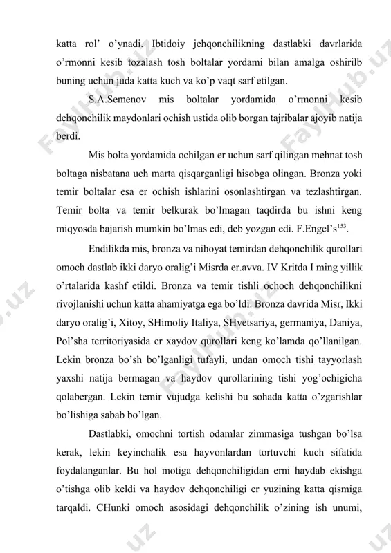 ordi. chorva mollari sonning tobora ko’payaborishi natijasida ekin maydonlari payxon qilinib dehqonchilikka zarar keltira boshladi. endilikda xo’jalikning bu ikki buzoq tarmog’i muayyan maydonga sig’ishmay qoldi. butiva emas ular birbirlarining rivojlanishiga to’siqlik qila boshladi. f.etnik ta`biri bilan aytganda oriylarda xindistonda, amudaryo va sirdaryo, don va dnepr tekisliklariga cho’ponlik xayotiga olib keldi. xo’jalikning bu soxasi uchun alohida sharoit eng avvalo, o’t, em-hashakka mo’l tabiiy yaylovlar zarur bo’lib qoldi. dehqonchilik uchun esa avvalo suv va serhosil erlar talab etilar edi. shunday vaziyat vujudga keldiki, qadimgi dunyoning o’rta osiyo, hindiston, xitoy yaqin sharq evropa va o’rta er dengizi atrofidagi ko’p o’lkalarda xo’jalikning bu ikki soxasi bir-birining rivojlanishiga to’sqinlik qila boshladi. oqibat natijada chorvachilik dala dehqonchiligidan ajralib chiqib, xo’jalikning eng muhim, mustaqil sohasini tashkil etdi. chorvachilik dehqonchilikdan ajralib chiqar ekan, chorvador qabilalar chorva uchun qulay bo’lgan keng dasht, tog’ old va tog’lik rayonlarga borib o’rnashaboshladilar, podalarni yaylov o’tloqlarda boqib, yarim ko’chmachilik va ko’chmanchilik hayotiga o’ta …