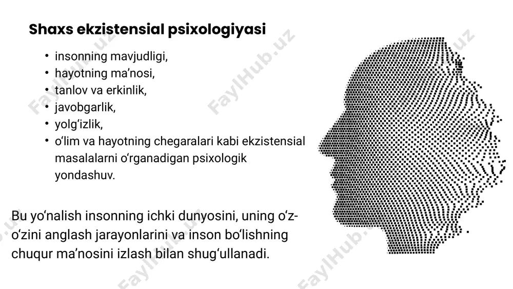 ixoterapiya jarayoniga qo‘shib, insonning o‘zini anglash va tanlov qilish qobiliyatini rivojlantirishga alohida e'tibor qaratgan. ekzistensial psixologiyaning vakillari irvin yalom viktor frankl rollo mey logoterapiya. hayot ma’nosini topish inson psixik salomatligi uchun asosiy. inson hayoti ma’nosini topish orqali o‘z azob-uqubatlarini yengishi va ichki tinchlikka erishishi mumkin. o‘z ishlarida o‘lim, yolg‘izlik, erkinlik va hayot ma’nosi kabi ekzistensial mavzularga chuqur kirib borgan. ekzistensial psixoterapiyaning terapevtik jarayoni an’anaviy terapevtik yondashuvlarga nisbatan o‘ziga xos xususiyatlarga ega. terapevt va mijoz o‘rtasidagi munosabatlar ochiq va ishonchli muloqot bo’lishi muhimdir. terapiya shaxsiy tajriba va hozirgi vaqtga qaratiladi, bu esa mijozga o‘zining o‘ziga xosligini anglashga yordam beradi. haqiqiylik (avtentiqlik): ekzistensial psixoterapiyada terapevtning roli mijoz bilan samimiy va ishonchli munosabat o‘rnatishdan iborat. terapevt mijozga o‘zining haqiqiy his-tuyg‘ularini ifodalashda yordam beradi va ularning ichki dunyosini anglash uchun qulay muhit yaratadi. mijozning sub'ektiv tajribasi: ekzistensial terapevt mijozning sub'ektiv tajribasini markaziy o‘ringa qo‘yadi. mijozning dunyoni qanday ko‘rishi, o‘z hayotini qanday his qilishi va …
