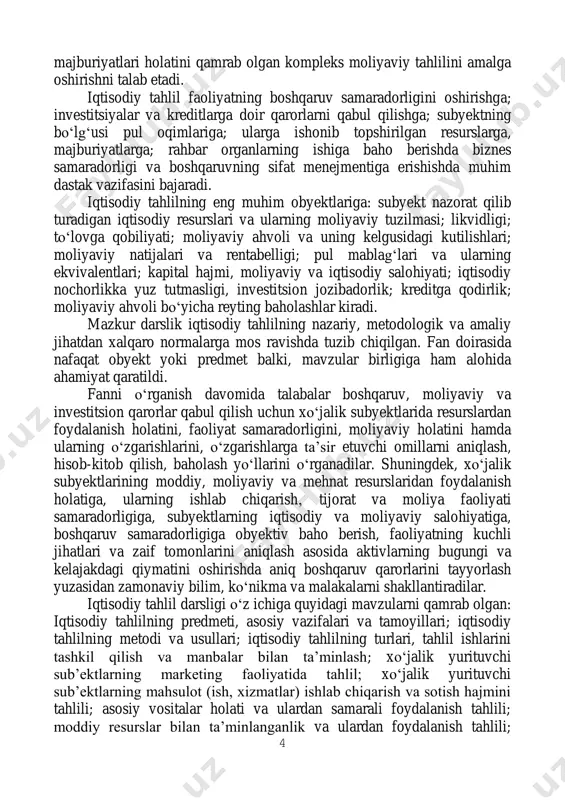 tamoyillari; iqtisodiy tahlilning metodi va usullari; iqtisodiy tahlilning turlari, tahlil ishlarini tashkil qilish va manbalar bilan ta‘minlash; xo‗jalik yurituvchi sub‘ektlarning marketing faoliyatida tahlil; xo‗jalik yurituvchi sub‘ektlarning mahsulot (ish, xizmatlar) ishlab chiqarish va sotish hajmini tahlili; asosiy vositalar holati va ulardan samarali foydalanish tahlili; moddiy resurslar bilan ta‘minlanganlik va ulardan foydalanish tahlili; 5 mehnat resurslari bilan ta‘minlanganlik va mehnat unumdorligi tahlili; mahsulot ishlab chiqarish va davr xarajatlari tahlili; buxgalteriya balansi ko‗rsatkichlari va moliyaviy holat tahlili; moliyaviy natijalar va rentabellik tahlili; debitorlik va kreditorlik qarzlarini tahlili; pul oqimlari tahlili; xo‗jalik yurituvchi sub‘ektlar xususiy kapitali tahlili. har bitta mavzu keng, metodik jihatdan yangi, amaliy ma‘lumotlar tahlili asosida atroflicha yoritib berilgan. mavzuga oid mustaqil ish topshiriqlari, nazorat savollari, adabiyotlar ro‗yxati, glossariylar bilan boyitilgan. mualliflar tarkibi darslikni yozishda yaqindan amaliy yordam bergan bir guruh professor o‗qituvchilarga jumladan i.f.n., dots. ibrohimov a va ishonqulov n ga(boshqaruv tahlili), i.f.n., dots. xakimov b. ga (moliyaviy tahlilda iqtisodiy matematik …